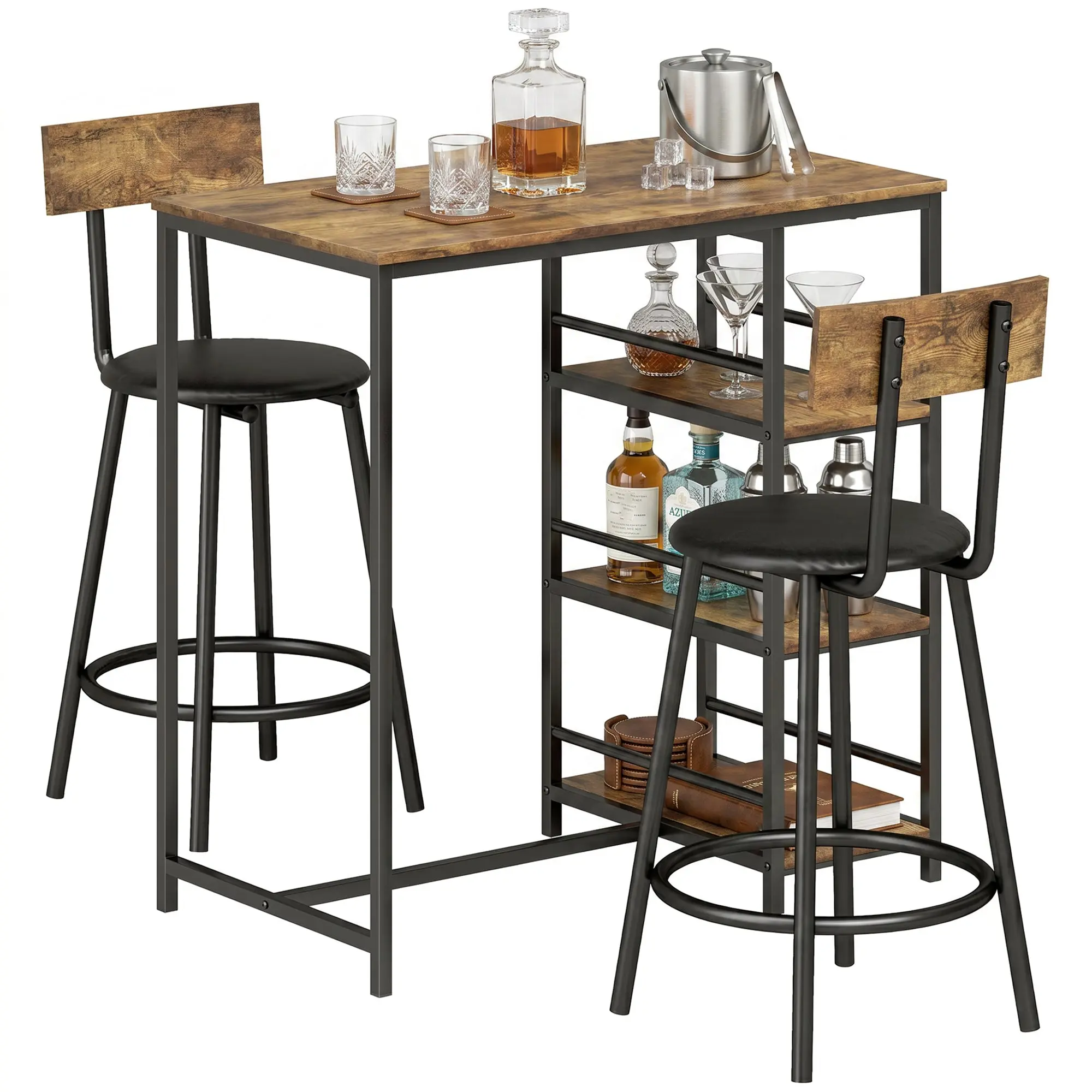 3-Piece Breakfast Bar Set with PU Leather Stools & Storage Shelves, Rustic Brown