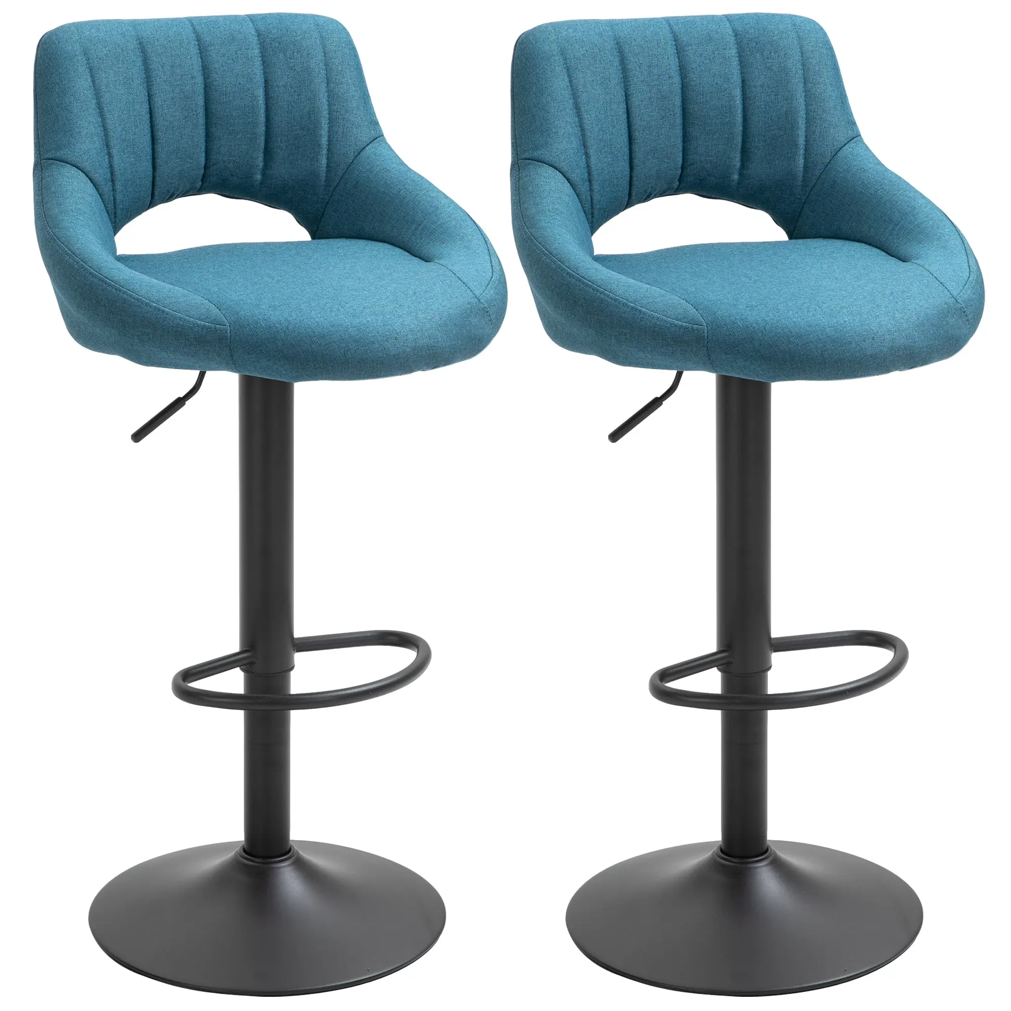 Set of 2 Adjustable Linen Swivel Bar Stools with Round Metal Base, Blue