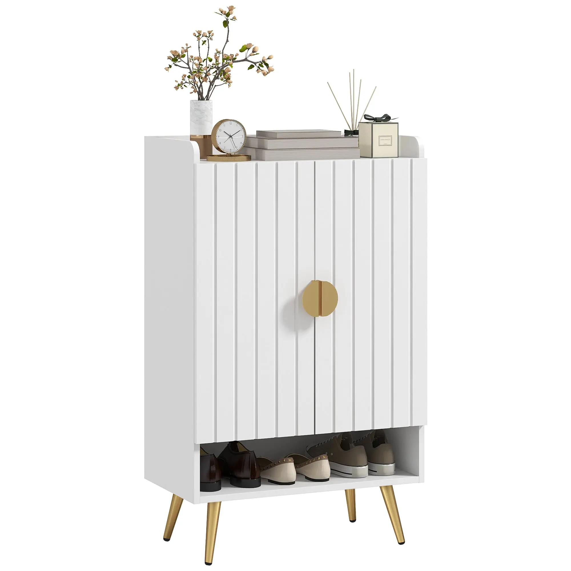 Narrow Shoe Cabinet with 2 Doors, Adjustable Shelves & Open Shelf for 15 Pairs, White