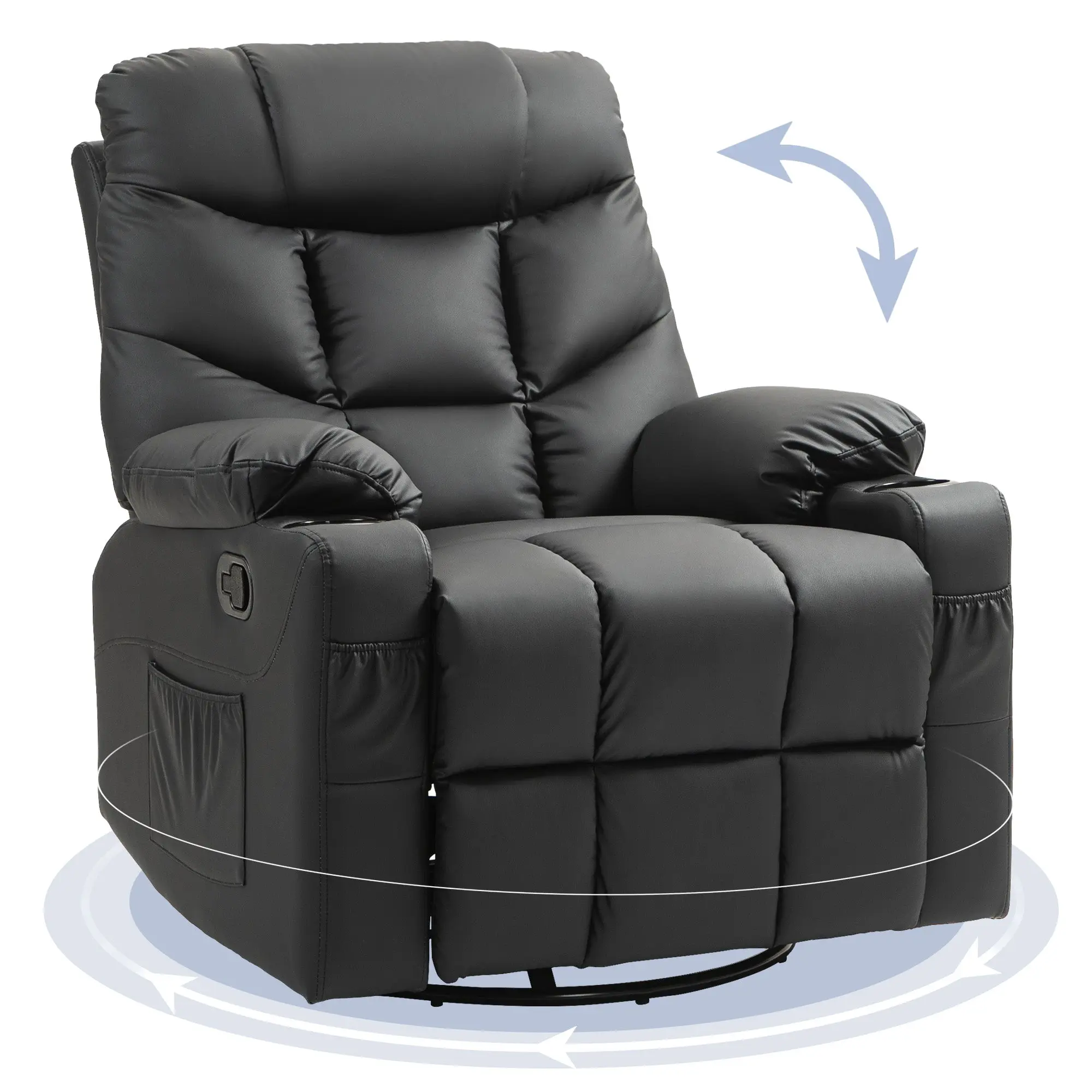 Swivel PU Leather Manual Recliner with Adjustable Footrest & Cup Holders, Black
