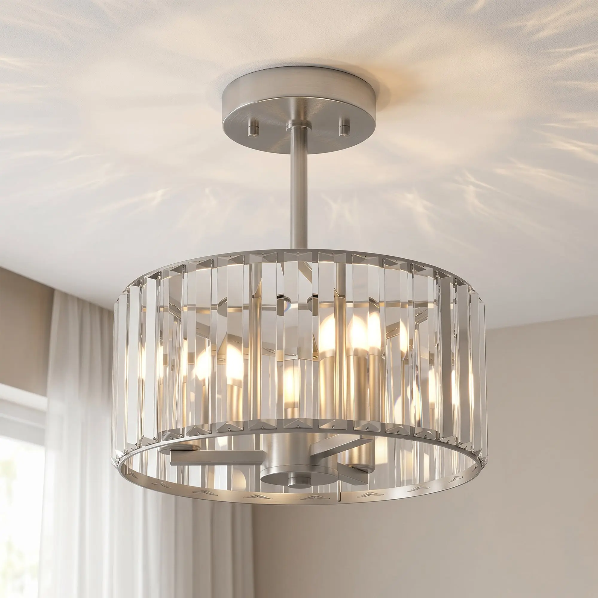 Modern Crystal Chandelier Ceiling Light with Semi-Flush Mount Design for Living Room & Dining Room, 3-Light E14 Fixture in Silver Tone