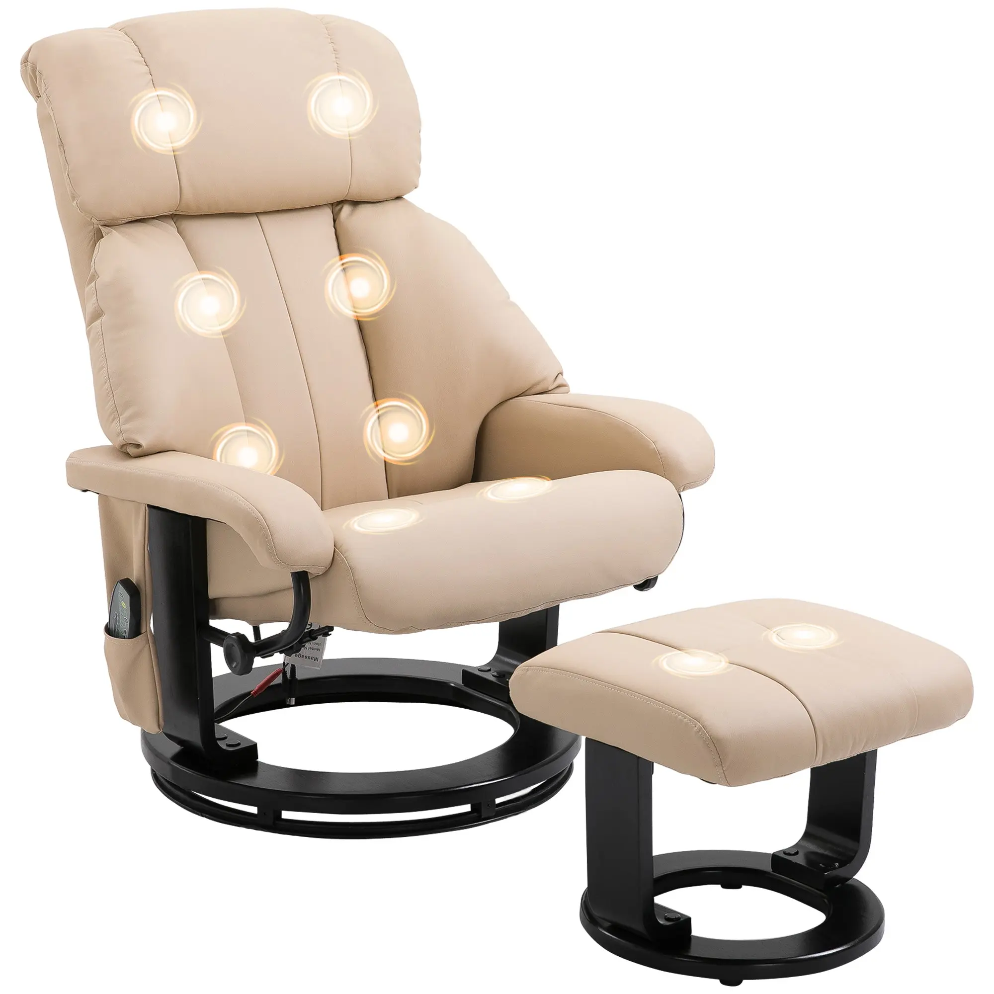 Massage Recliner with Ottoman, 360° Swivel, 10-Point Vibration, Beige PU Leather