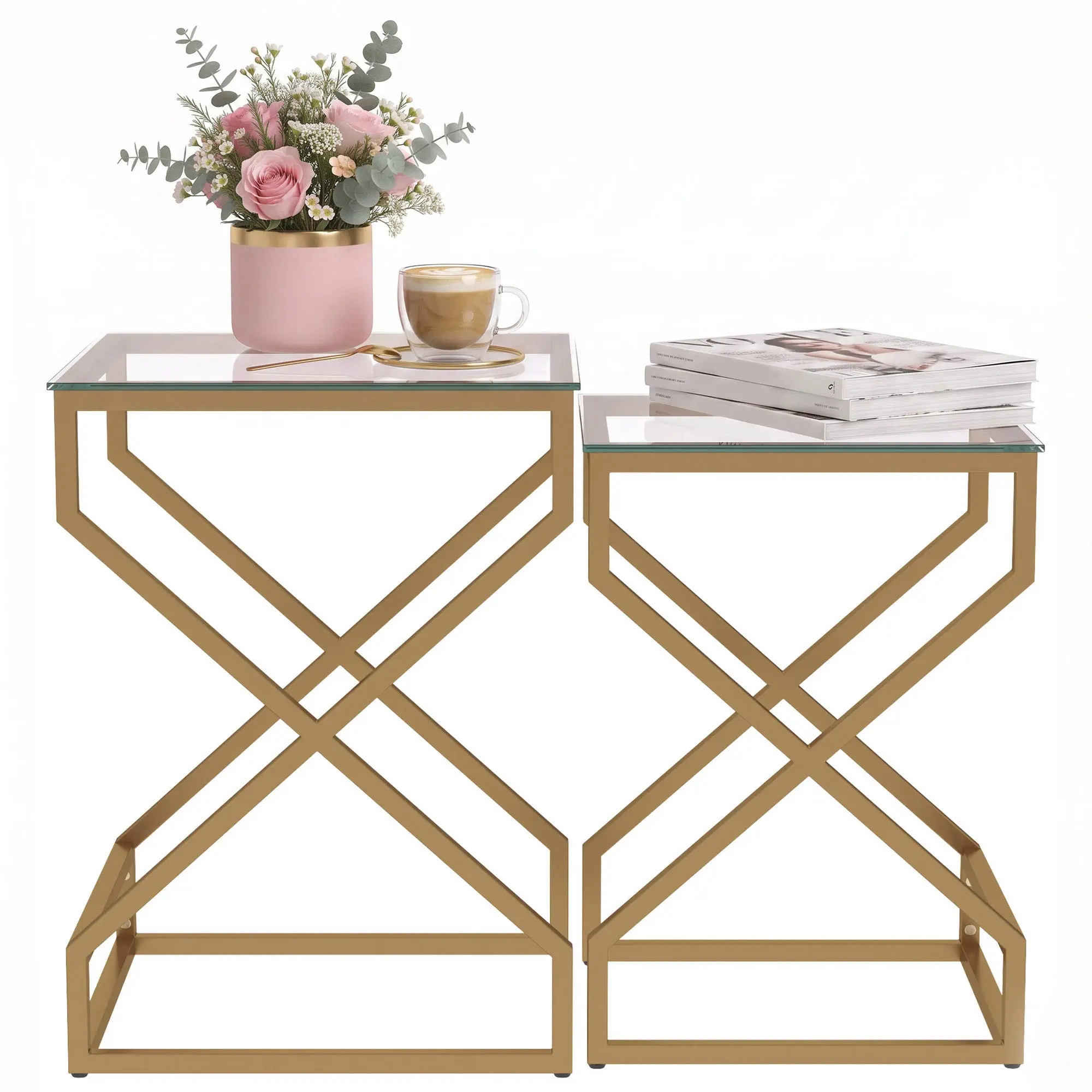 Nest of 2 Side Tables with Tempered Glass Tops & Steel Frame, Transparent