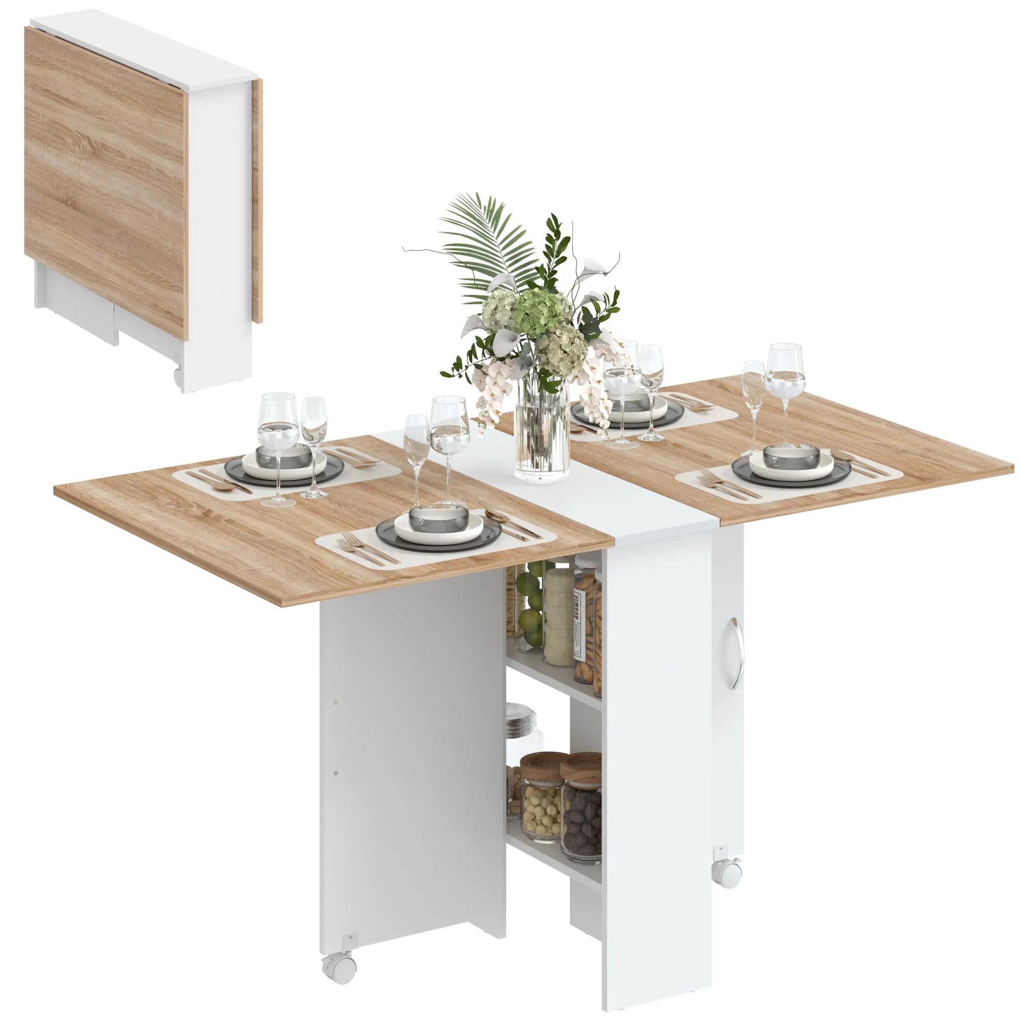 Folding Drop Leaf Dining Table with 2-Tier Shelves and Casters for Small Spaces