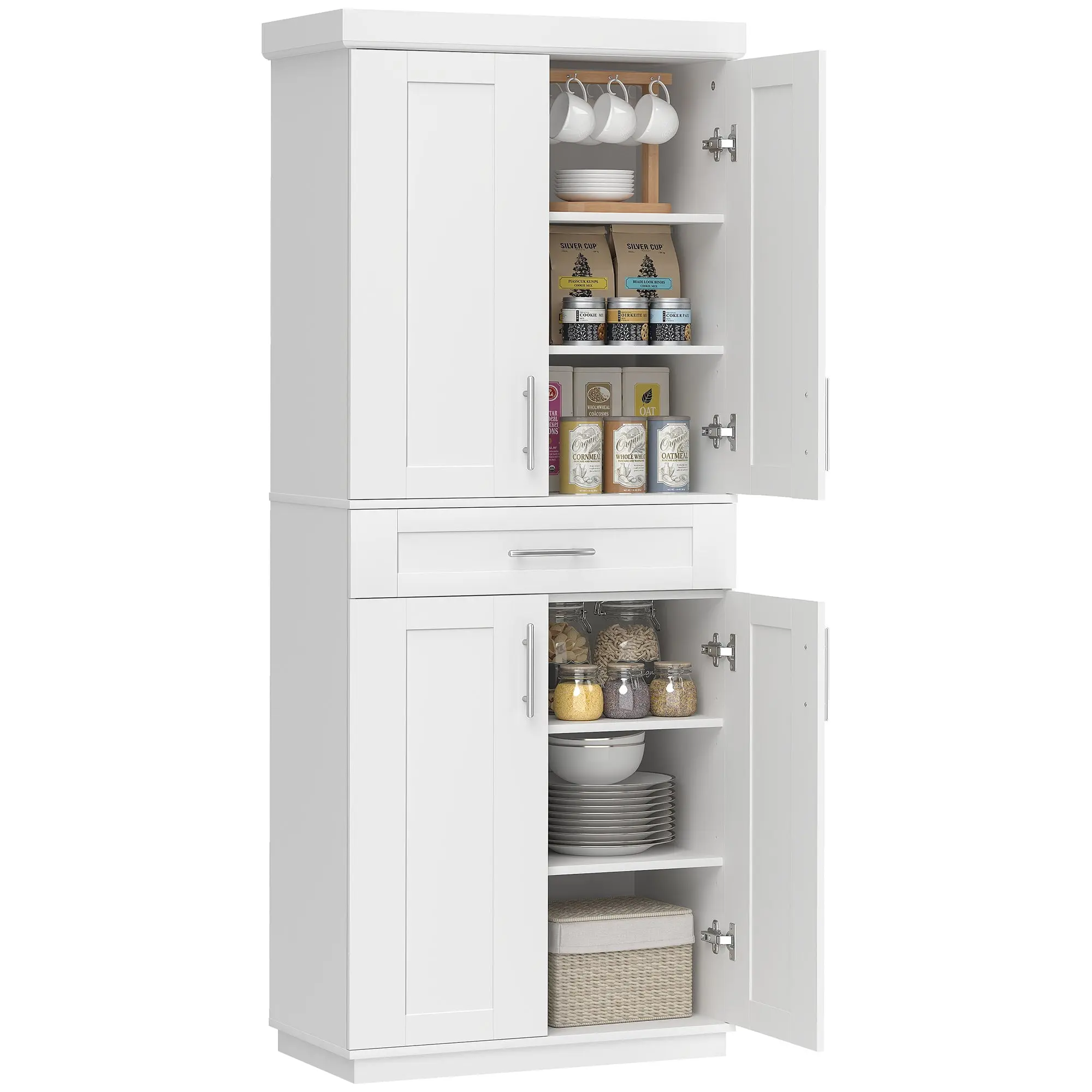 72" Freestanding Kitchen Pantry Cabinet with 4 Doors, Drawer and 3 Adjustable Shelves, White