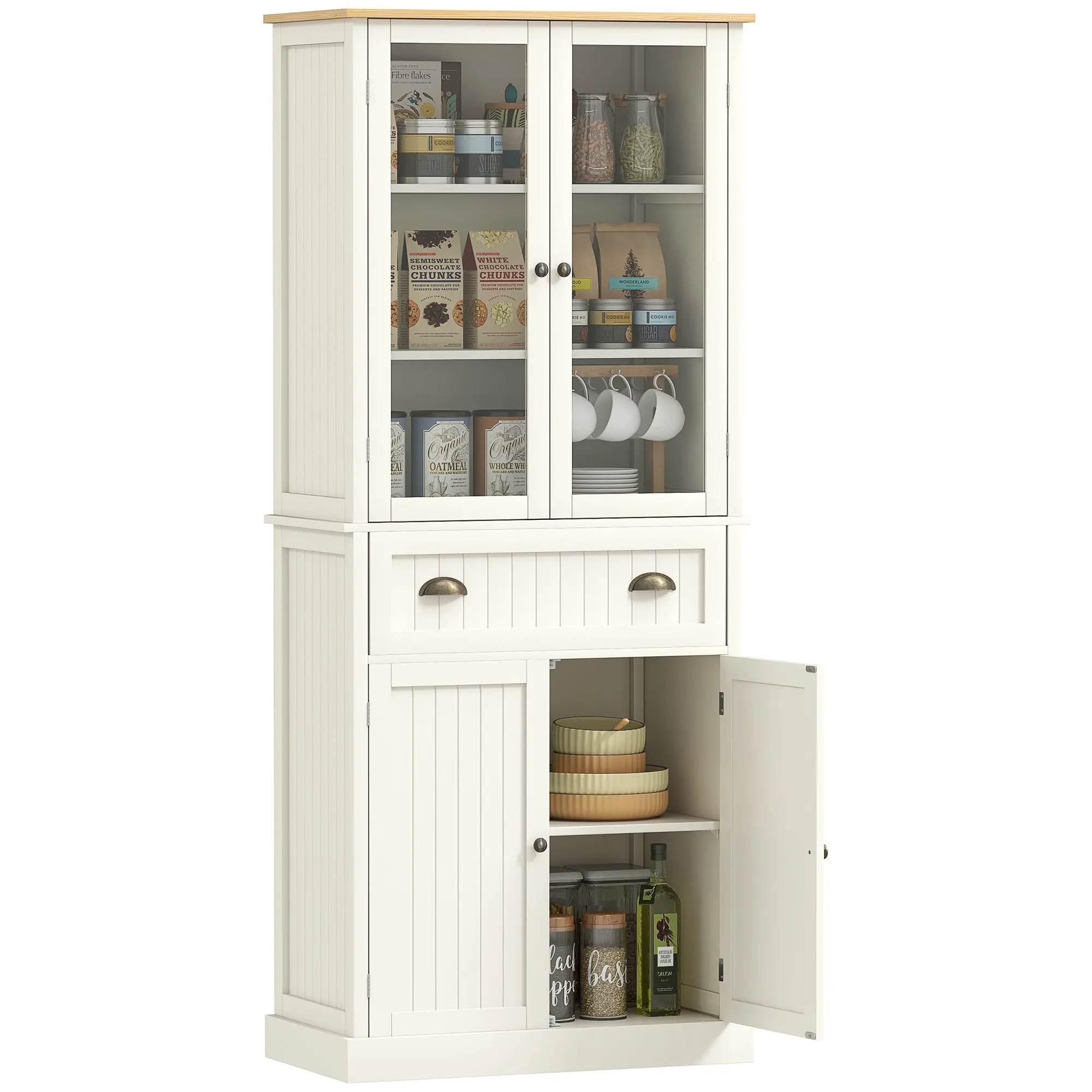 Freestanding Kitchen Cupboard, 5-tier Storage Cabinet with Adjustable Shelves and Drawer for Living Room, Dining Room, Cream White