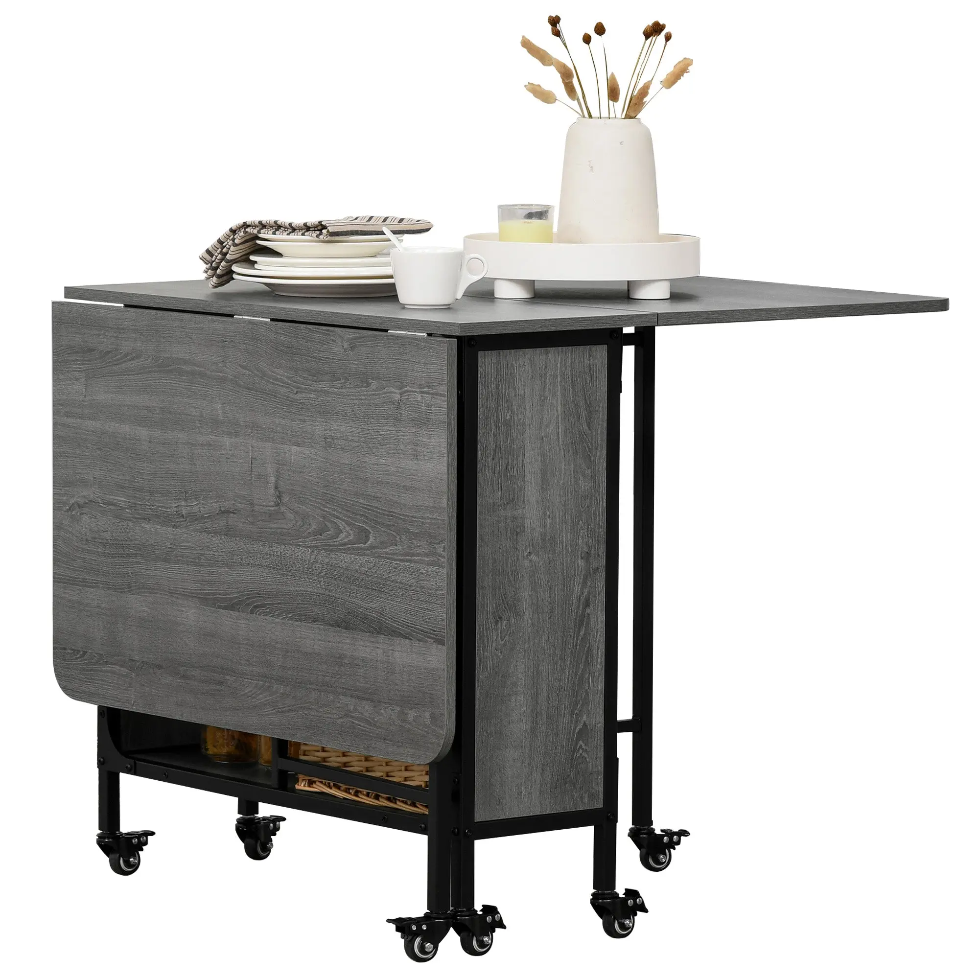 Mobile Drop Leaf Table, Folding Dining Table with 6 Wheels & Storage Shelf, Grey