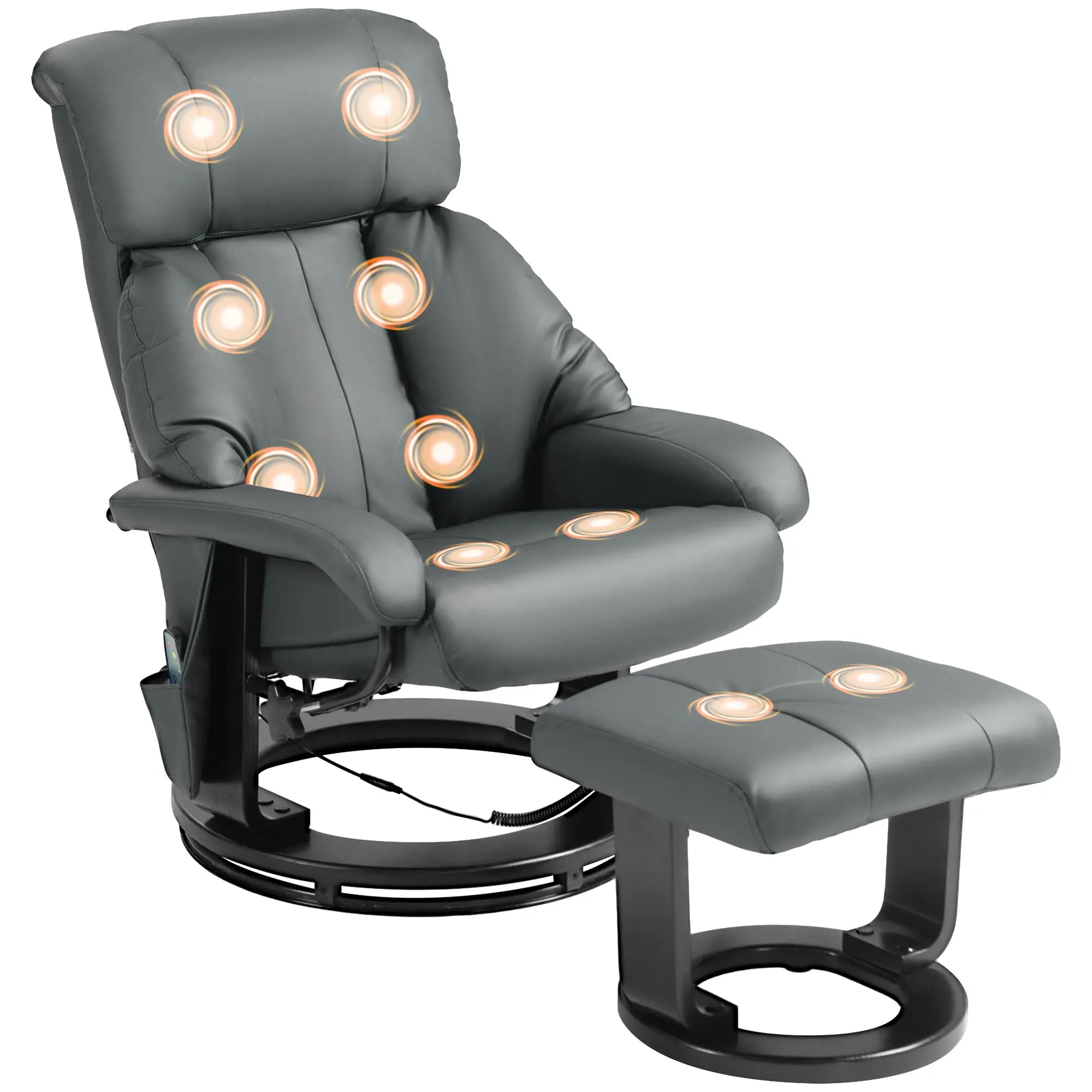 Massage Recliner with Ottoman & 360° Swivel, 10-Point Vibration, Gray PU Leather