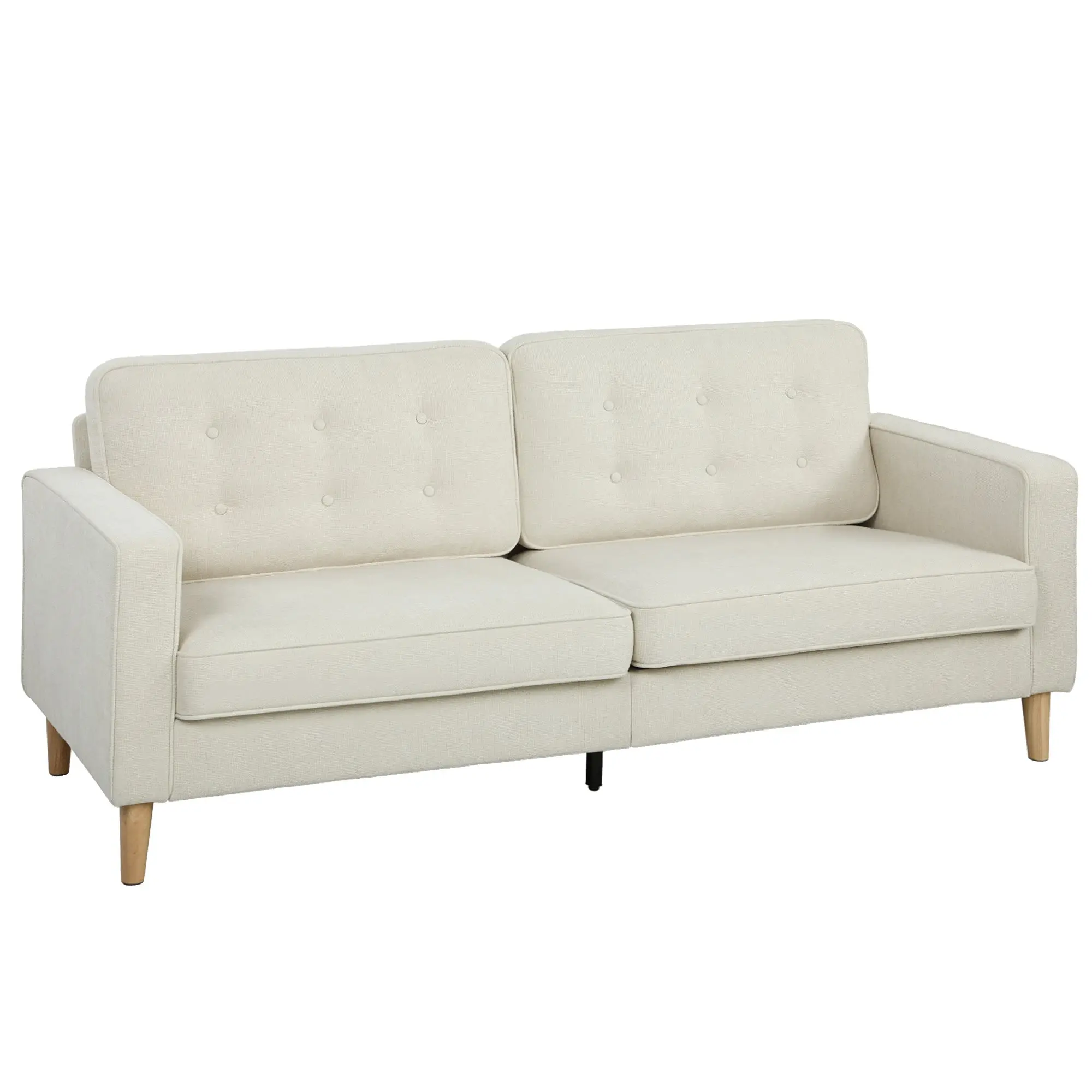 3-Seater Upholstered Sofa with Button Tufting and Wood Legs, Cream White