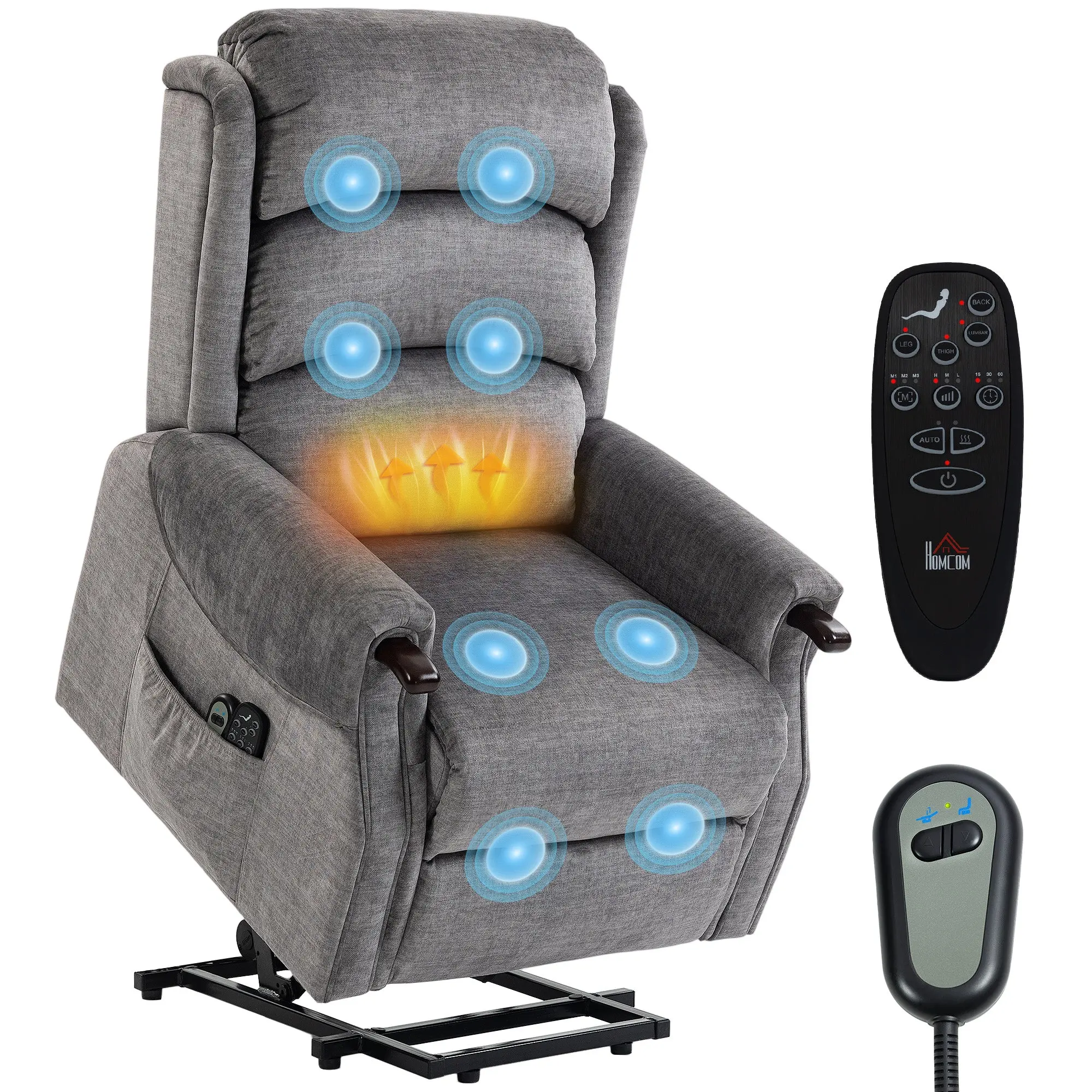 Power Lift Recliner with Vibration Massage, Heat and Remote, Fabric, Light Grey