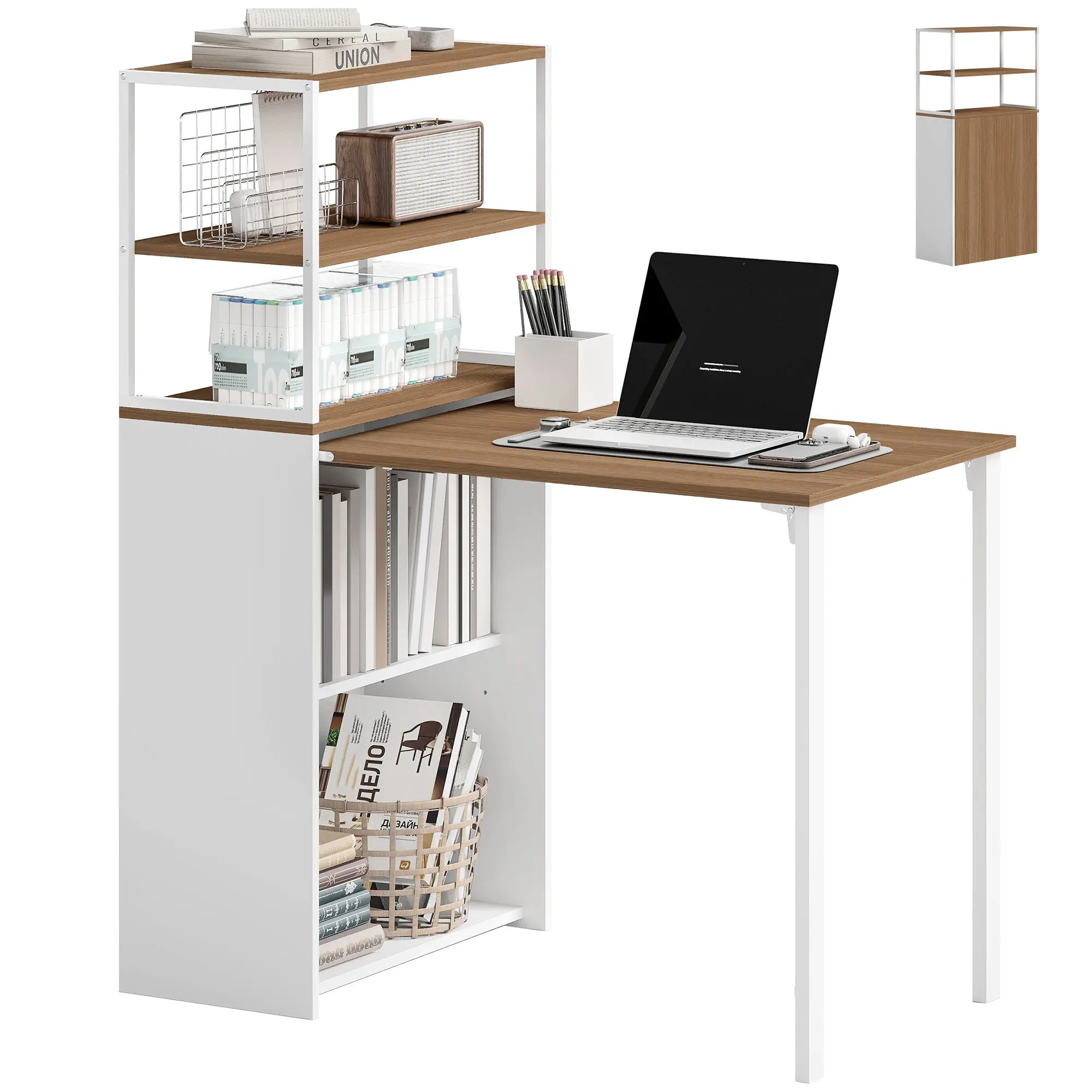 Folding Desk with 4-Tier Shelf and Metal Frame for Small Spaces, Natural