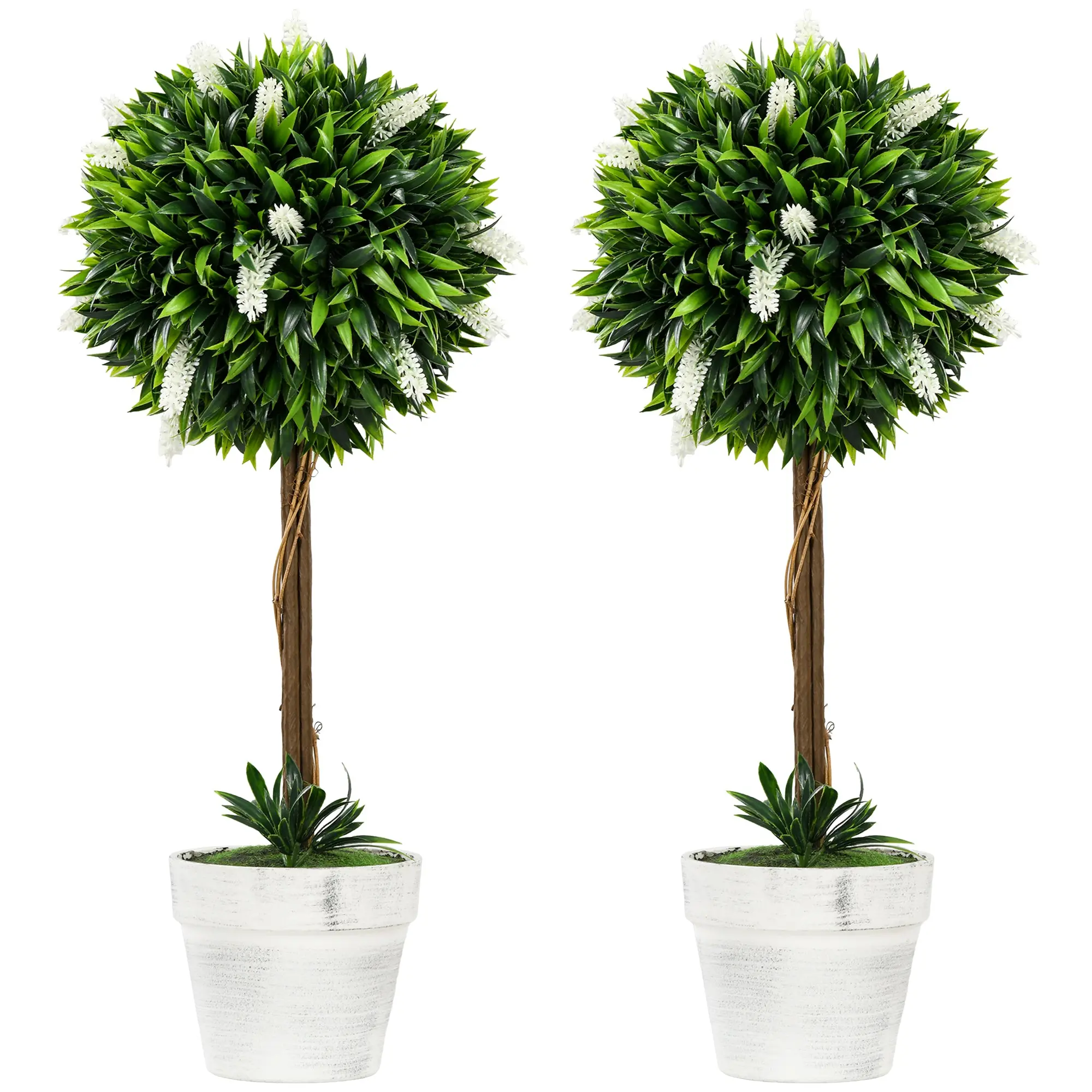 Set of 2 Decorative Artificial Plants Ball Trees with Lavender Flowers, 60cm, White