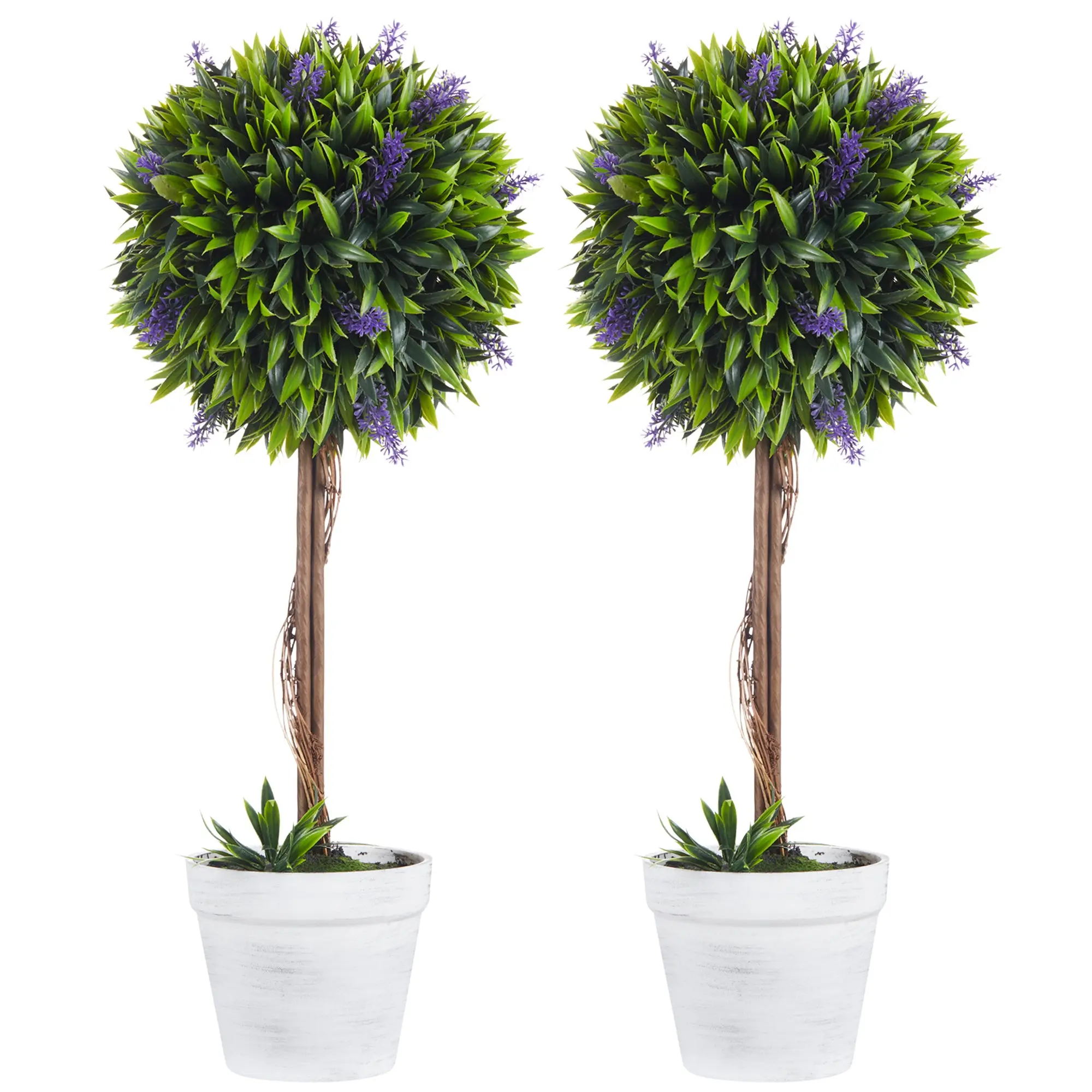 Set of 2 Decorative Artificial Plants Ball Trees with Lavender Flowers, 60cm, Green