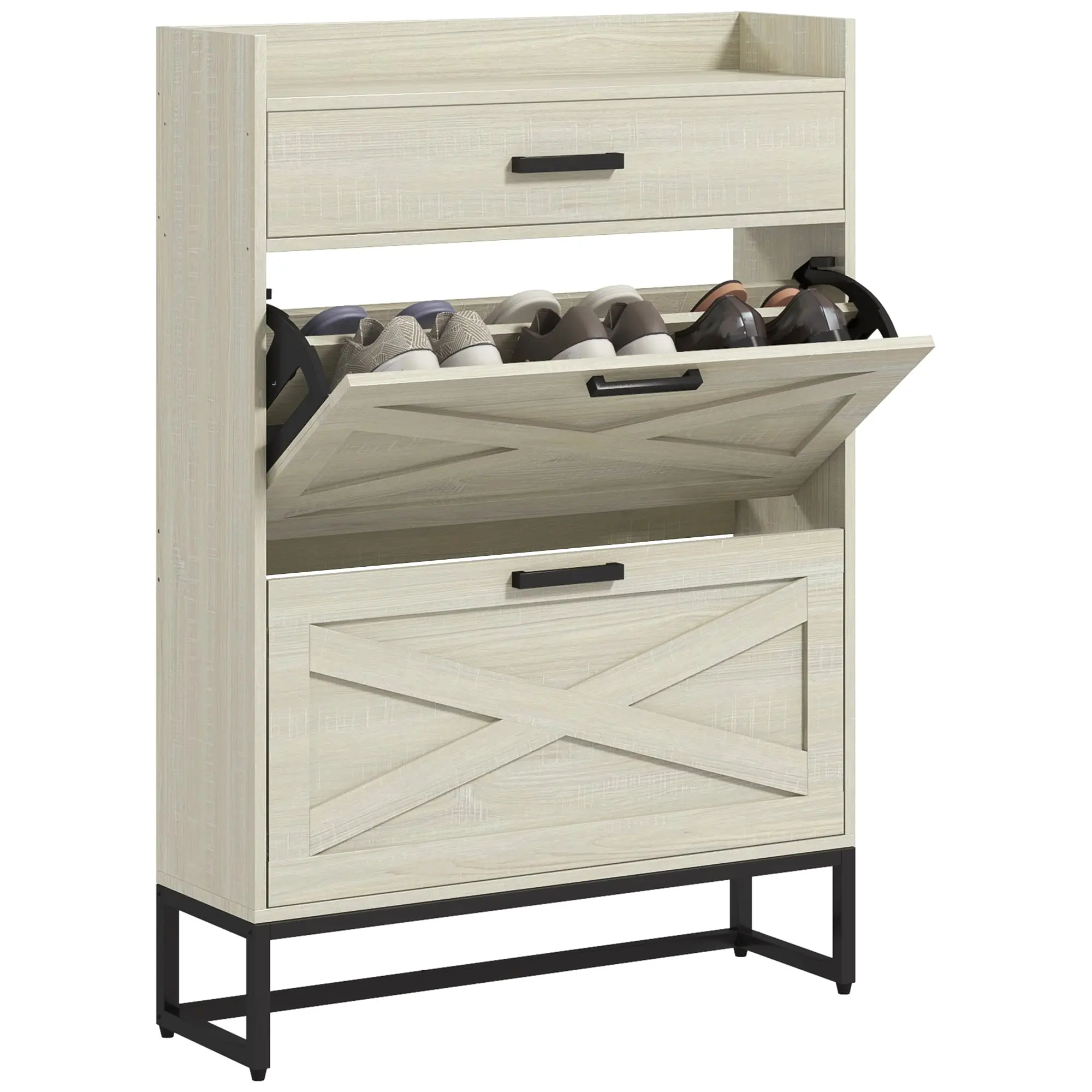 Narrow Shoe Rack Cabinet with 3 Drawers & Adjustable Shelves for 12 Pairs, Distressed White