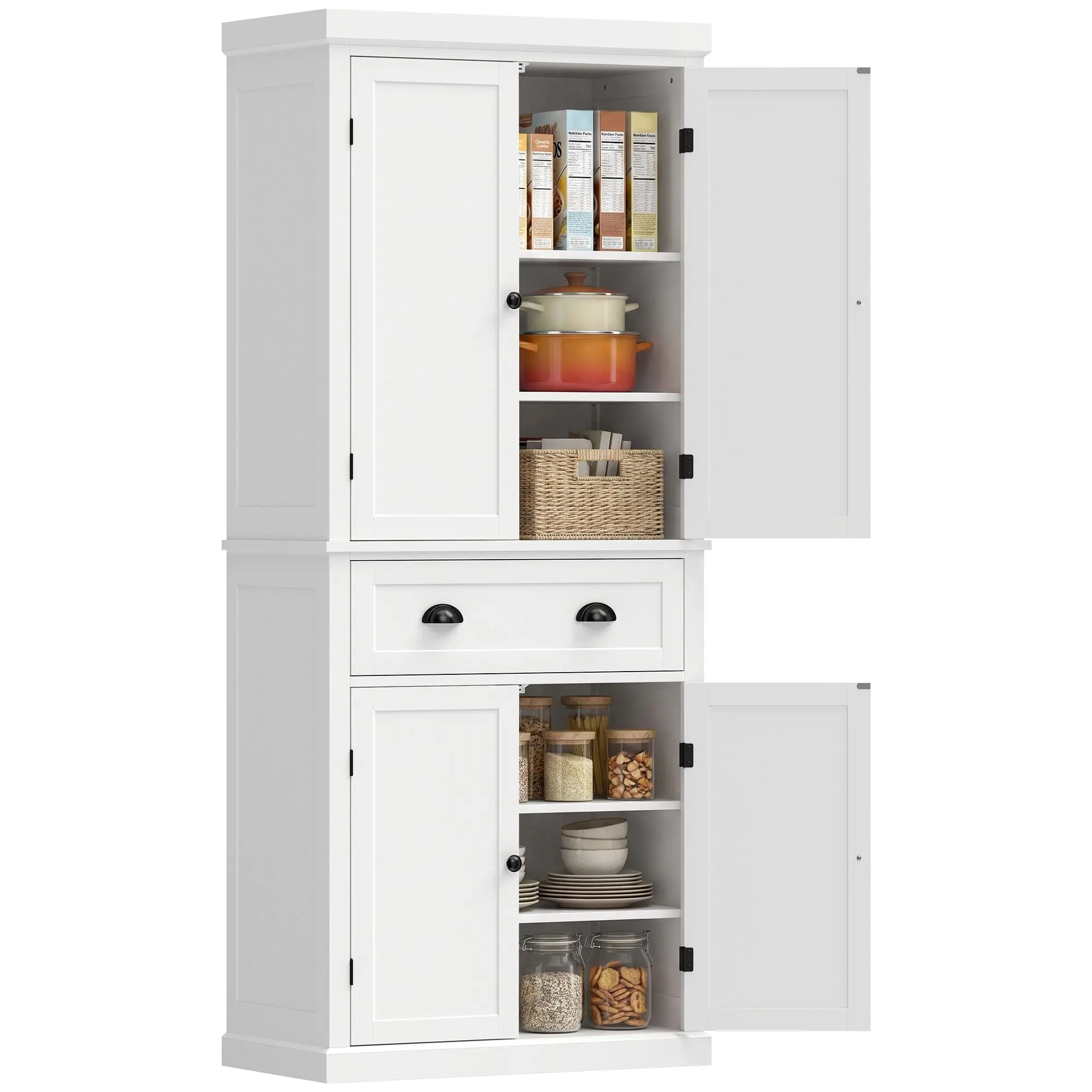 183 cm Tall Kitchen Cupboard with Drawer, 4 Doors & Adjustable Shelves, White
