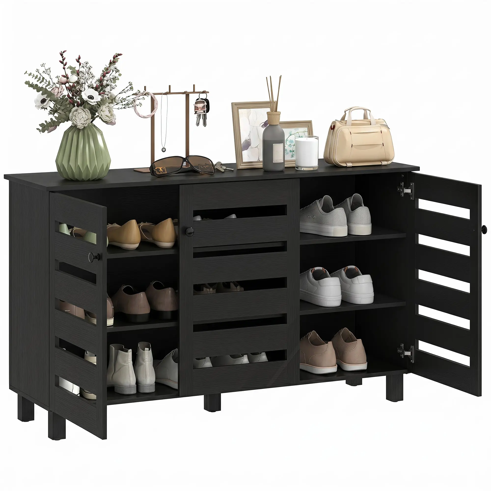 3-Tier Shoe Cabinet with 3 Slatted Doors, 15-Pair Capacity, Black