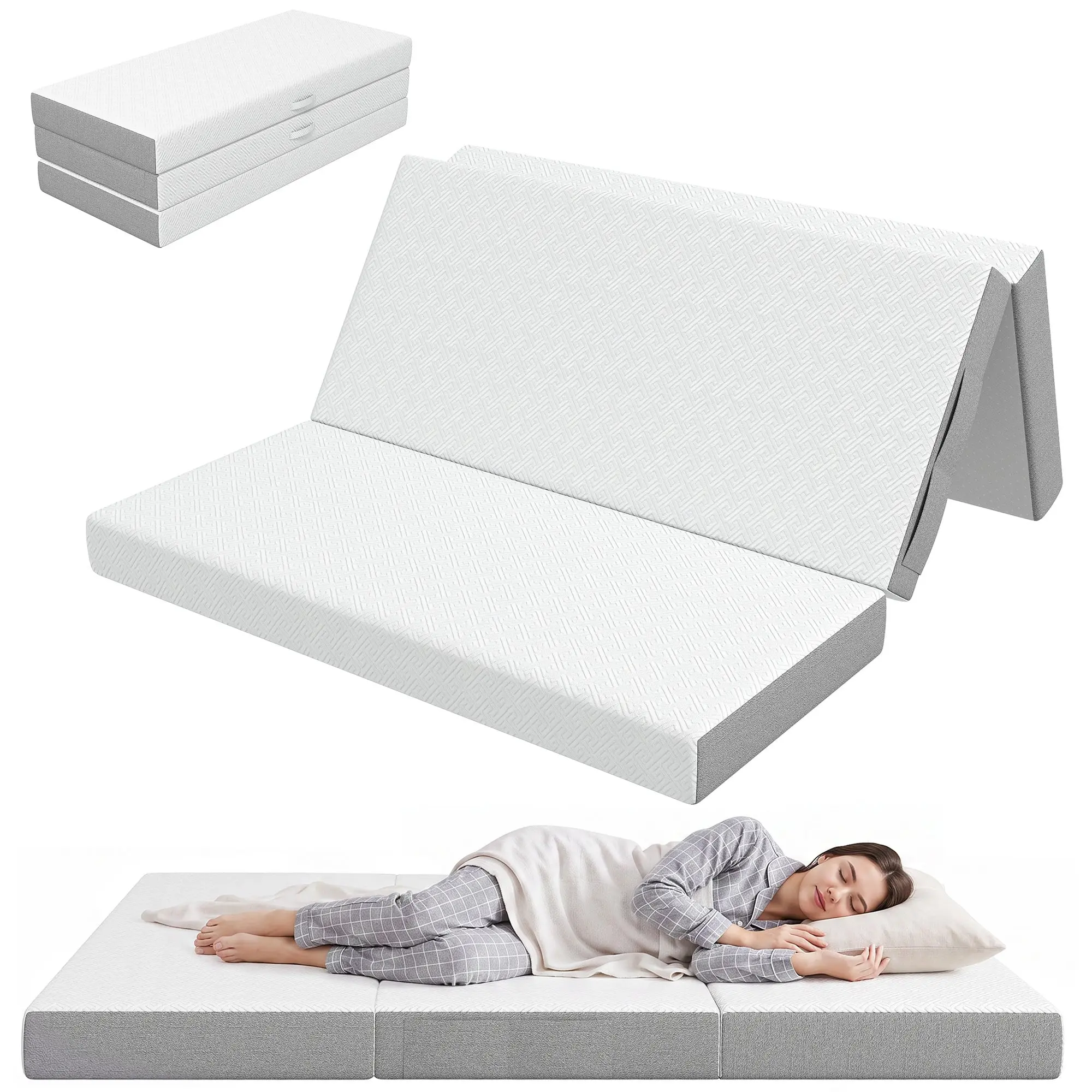 6" Tri-Fold Memory Foam Mattress with Washable Cover & Non-Slip Base 60" x 80"
