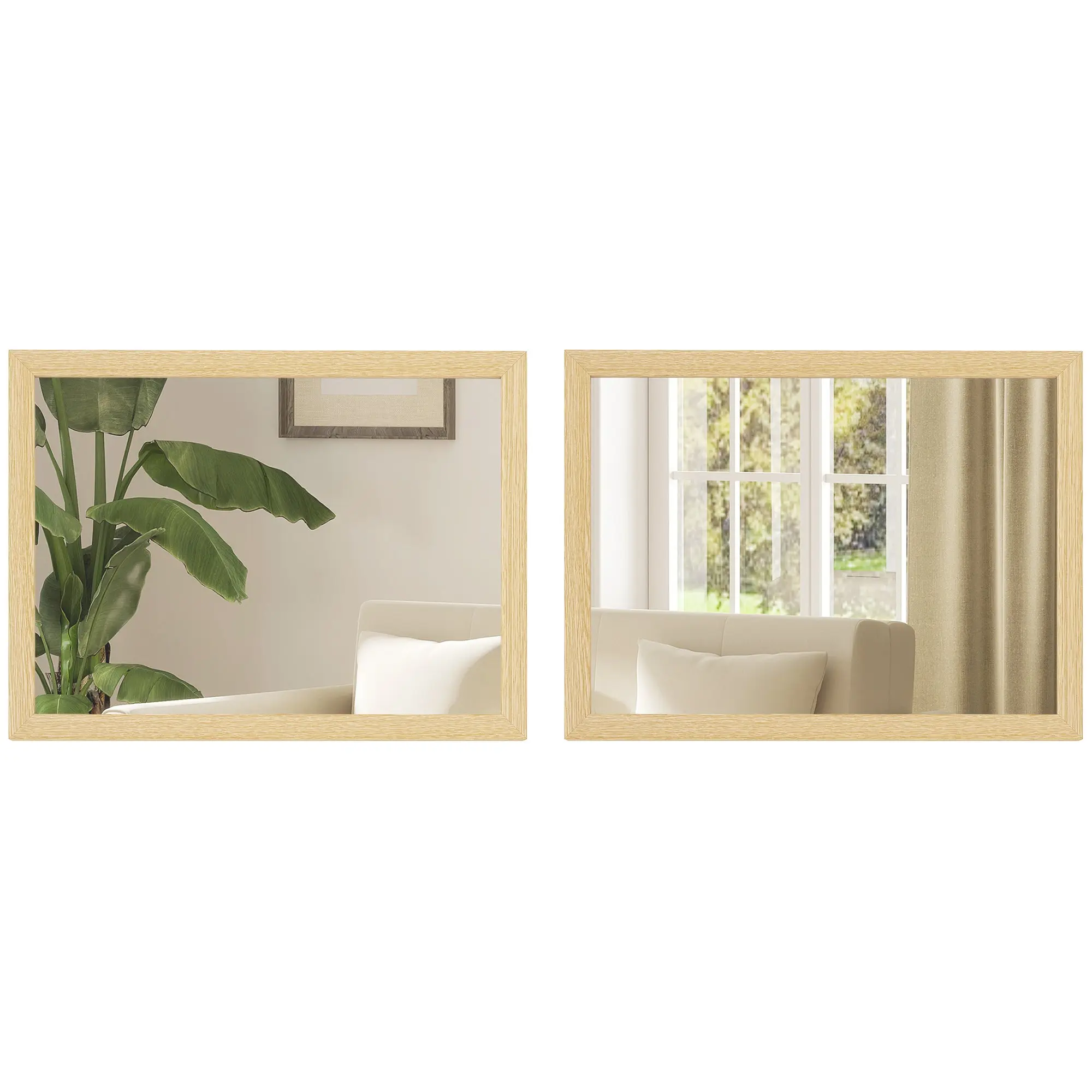 40 x 30 cm Rectangular Wall Mirror Set of 2, Natural Wood Finish