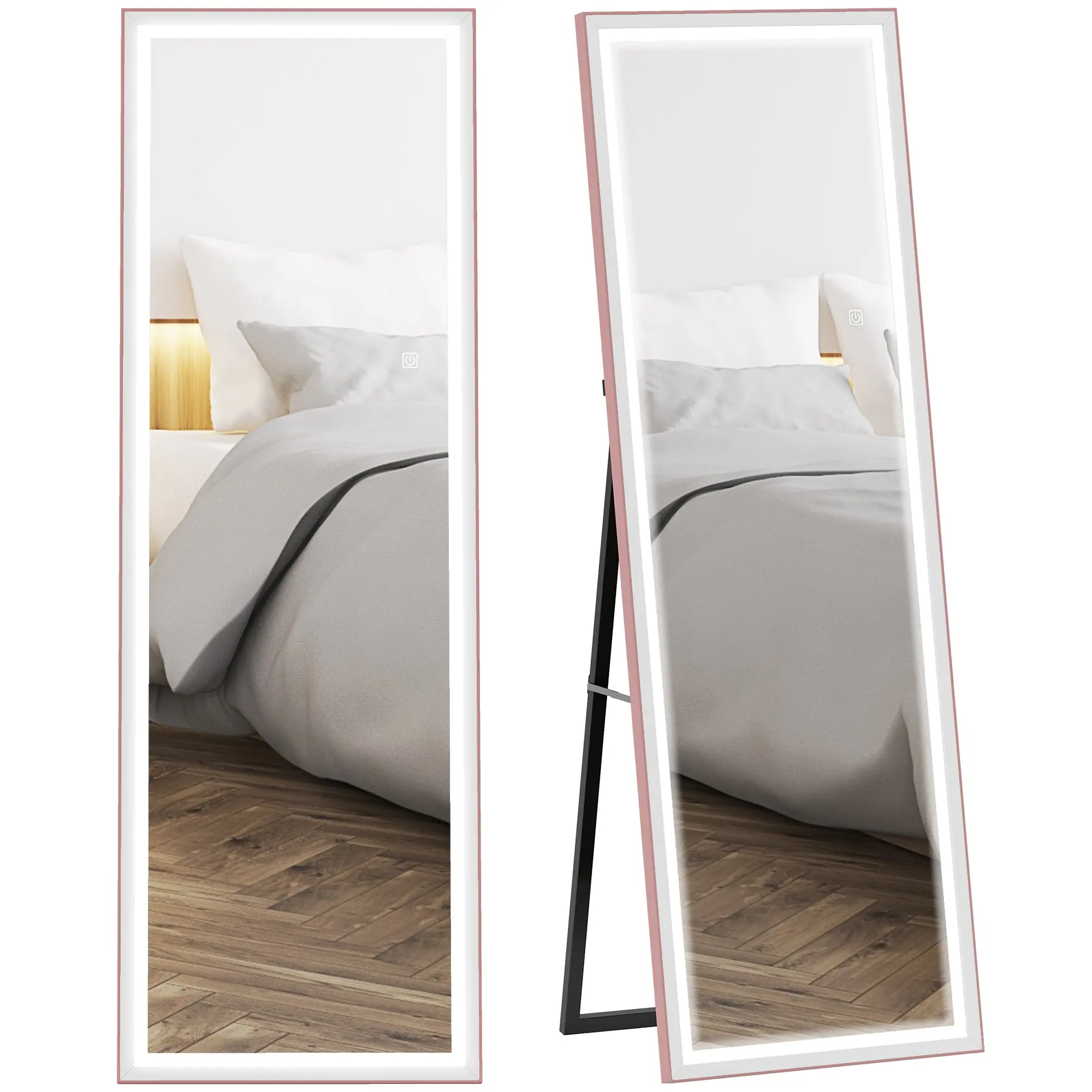 Full Length Mirror with Lights, 64" x 21" LED Full Body Mirror with Dimming and 3 Colour Lighting, Free Standing, Leaning or Wall Mount for Bedroom, Living Room, Pink
