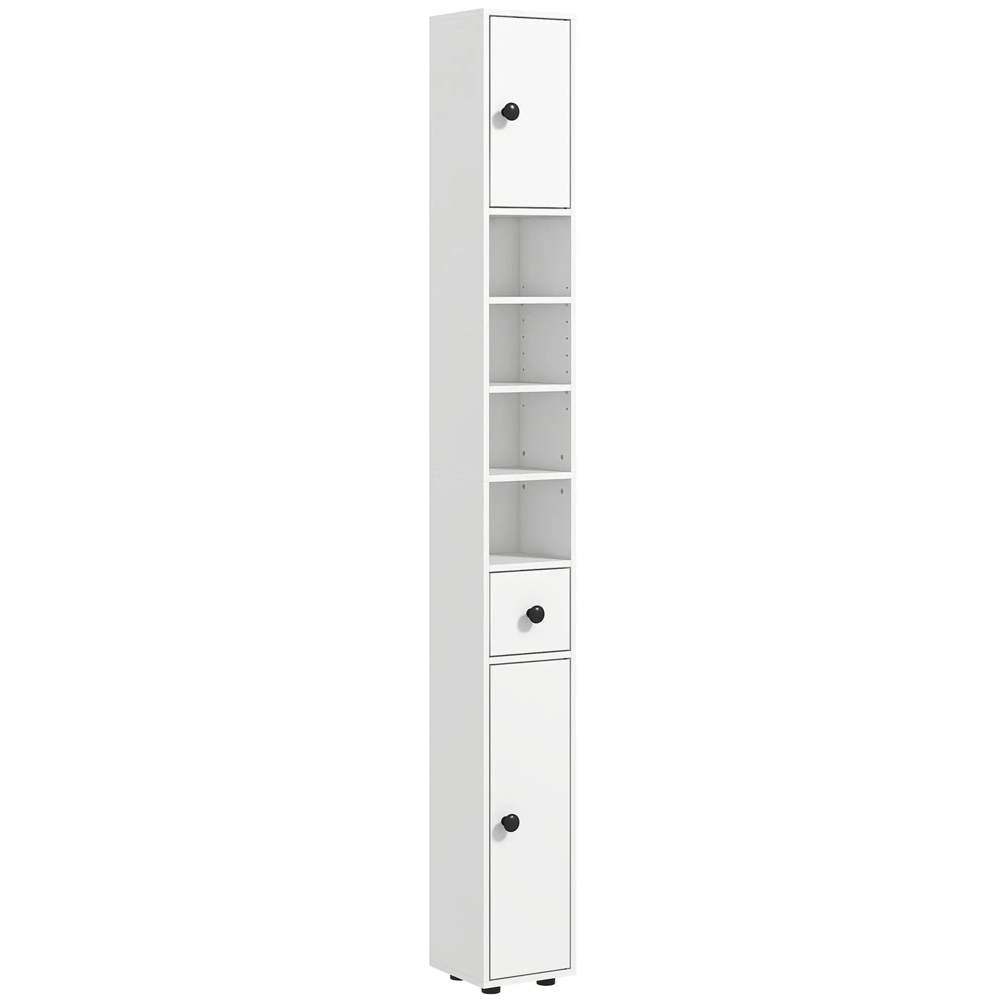 71" Tall Slim Storage Cabinet, Linen Tower w/ Drawer, Open Shelves & 2 Door Cabinets, White