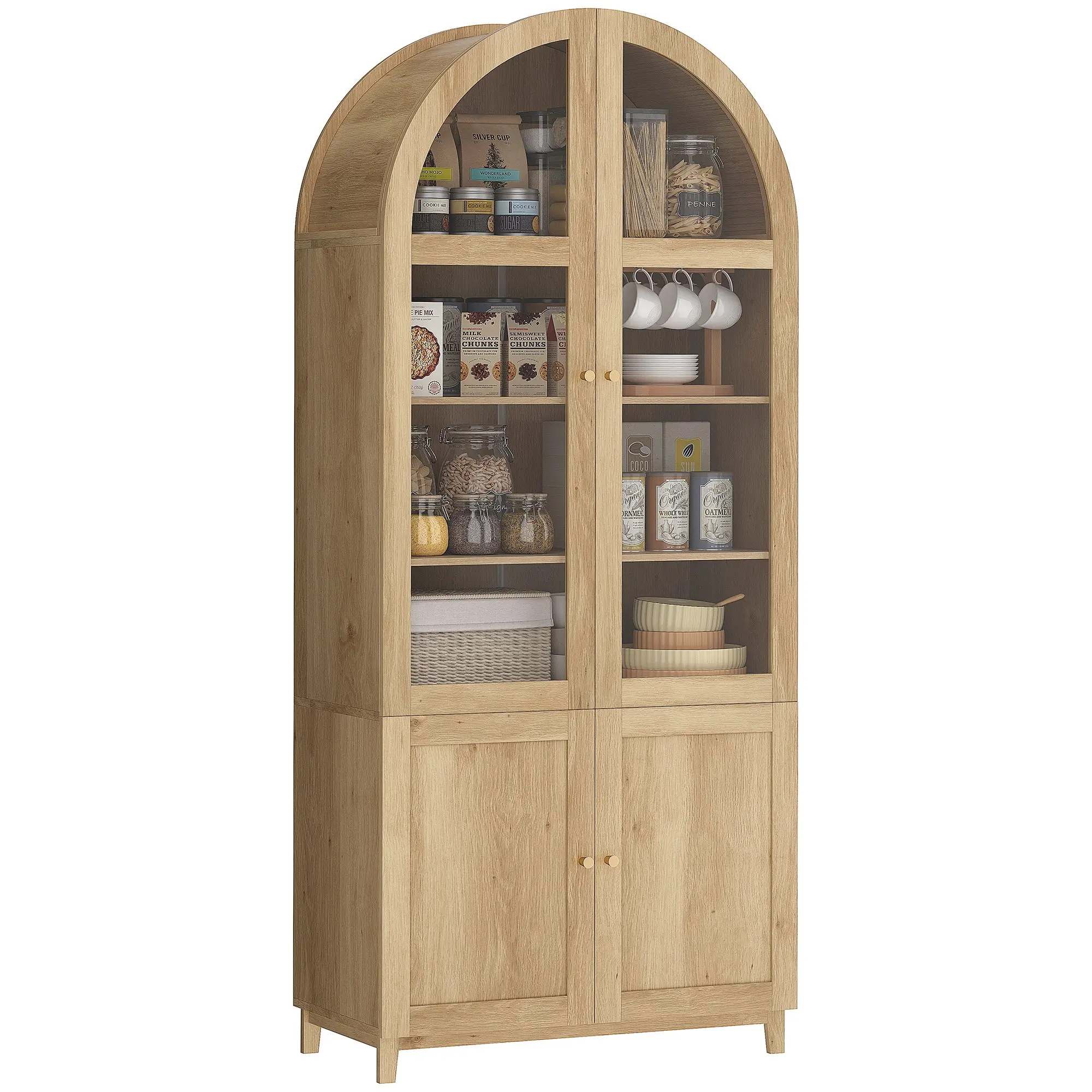 71" Tall Arched Kitchen Pantry Cabinet, Farmhouse Freestanding Kitchen Storage Cabinet,  Oak