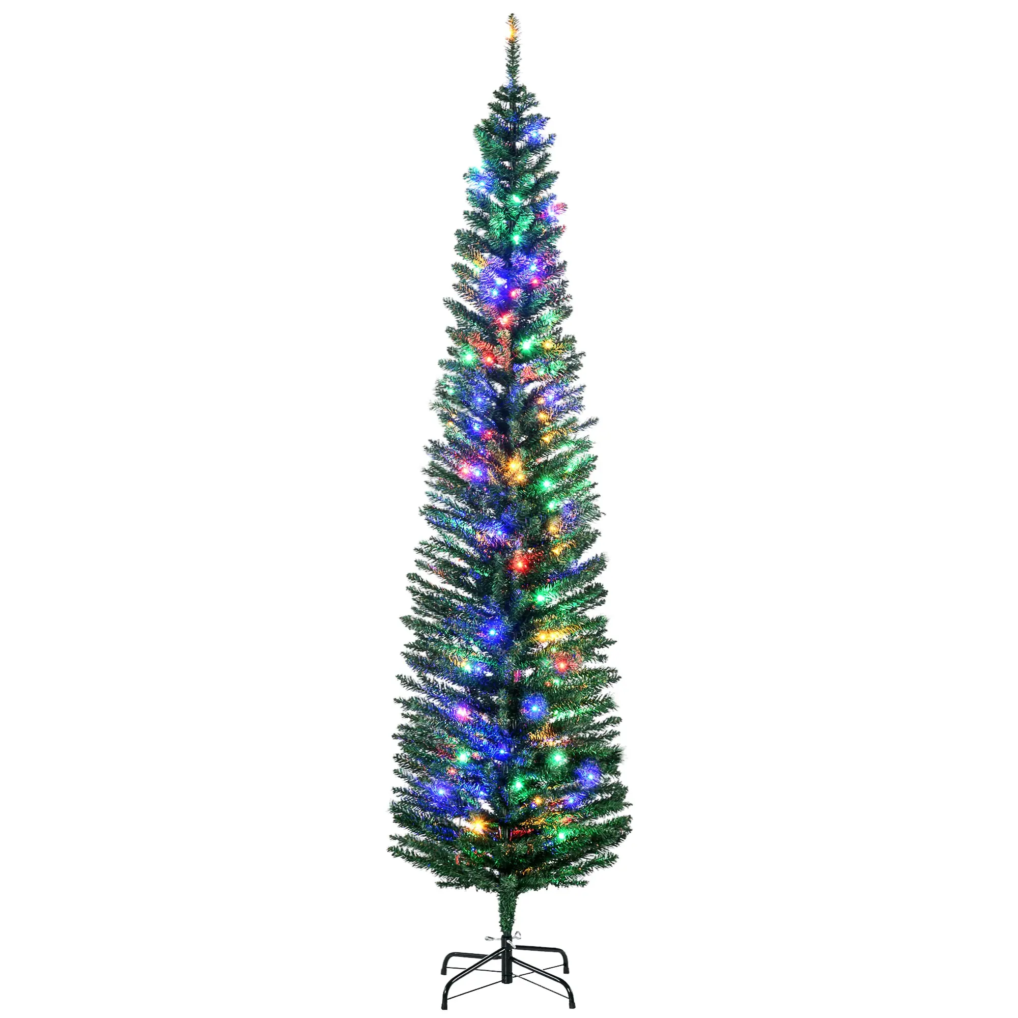 7' Artificial Pencil Christmas Trees with Colorful LED Lights, Steel Base, Skinny Shape