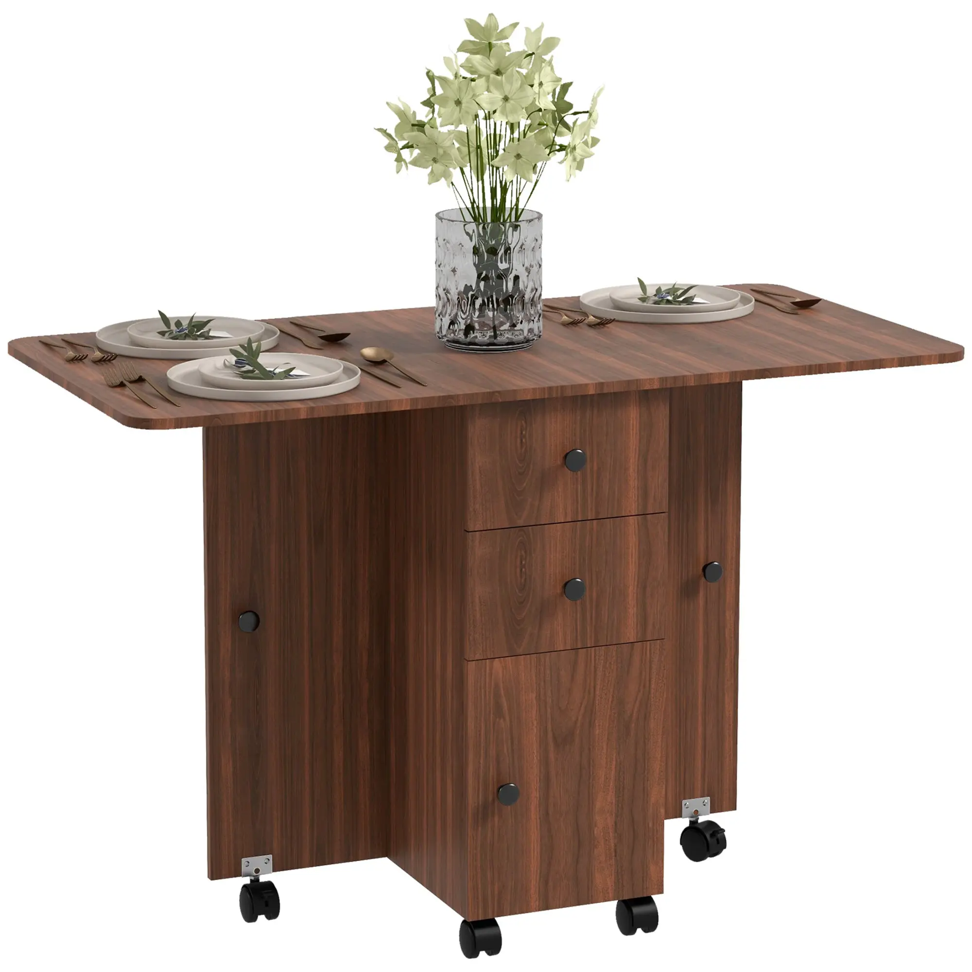 Folding Dining Table on Wheels for 4-6 with Storage Drawers, Cabinet, Distressed Brown