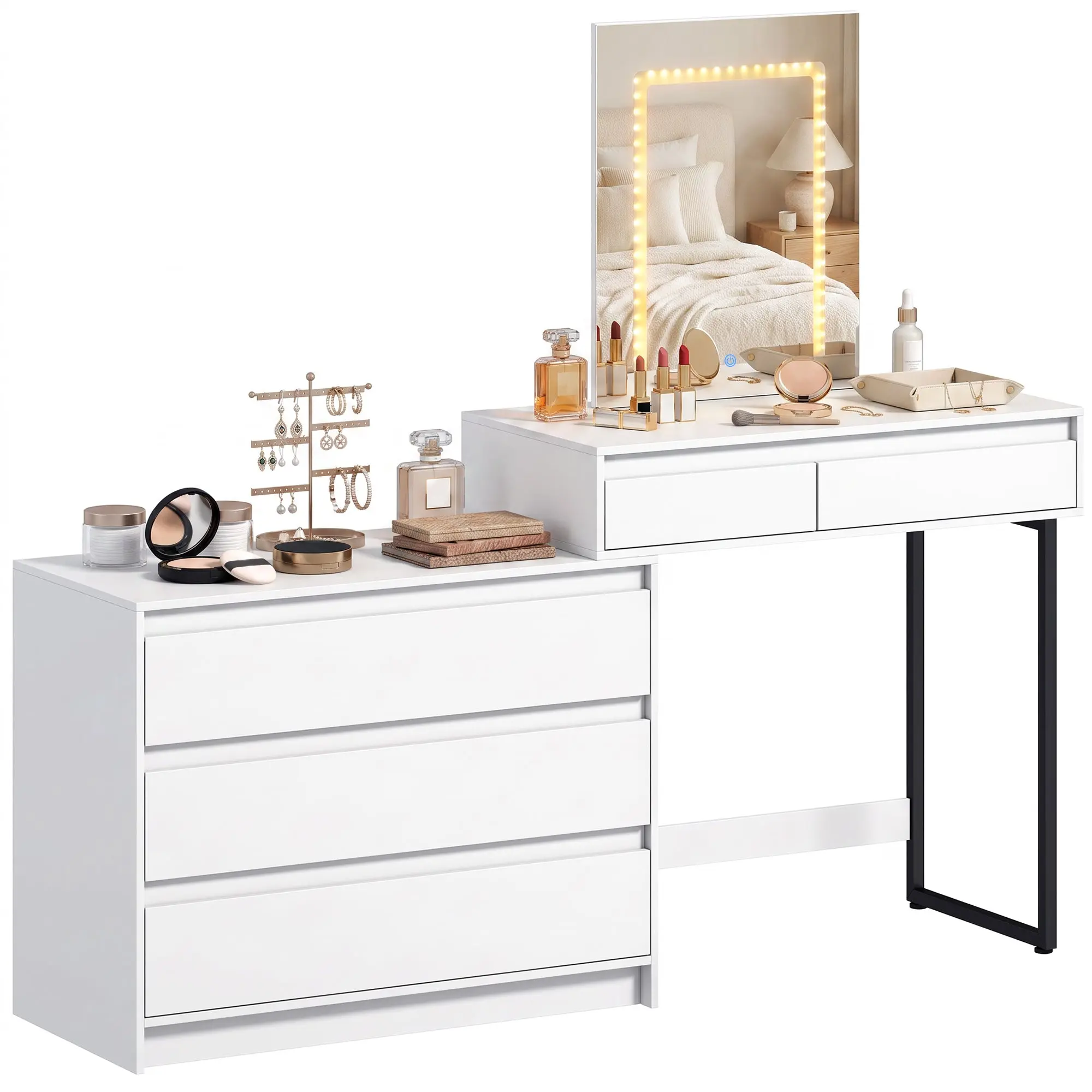 Vanity Dressing Table with LED Mirror and 5 Drawers, 3-Color Lighting, White