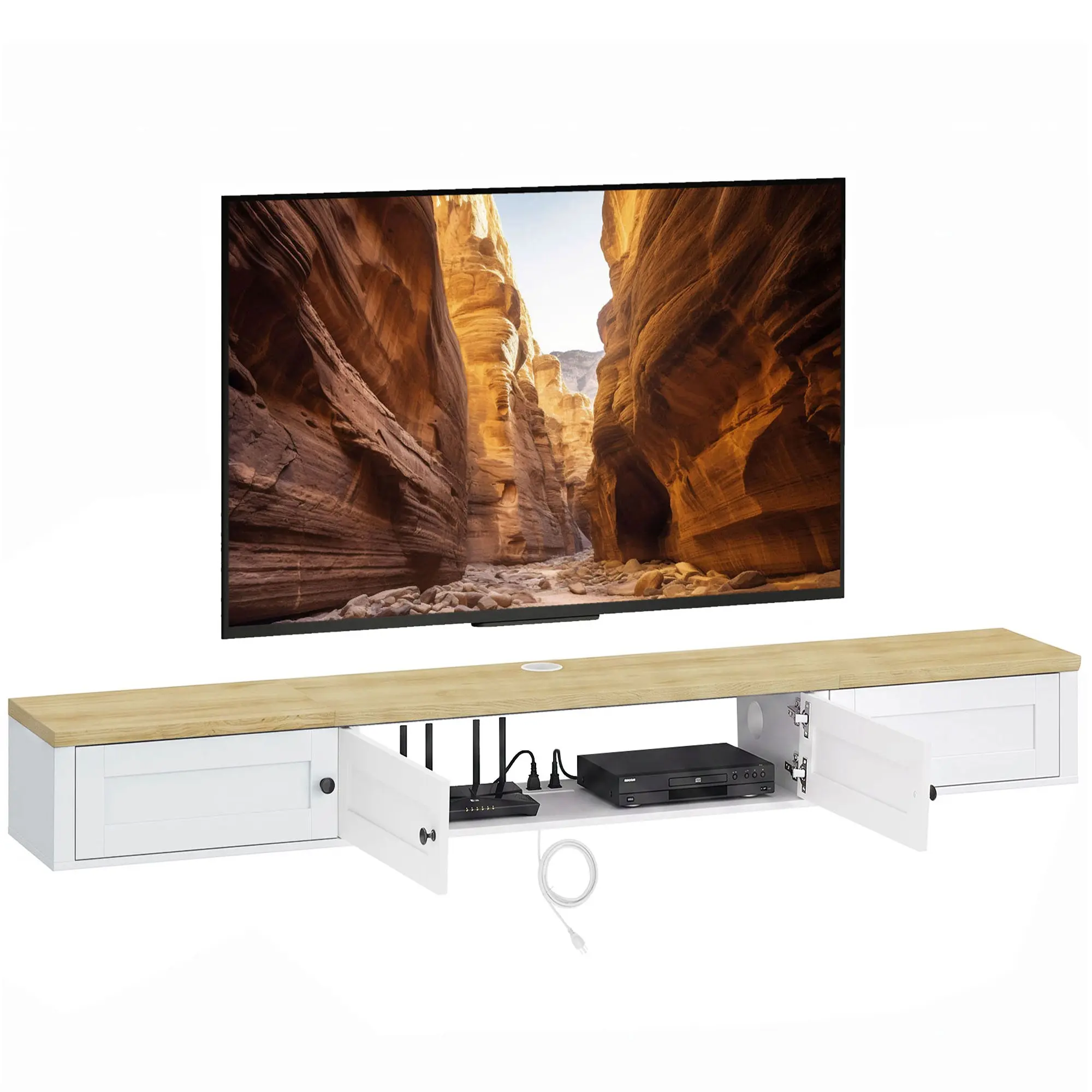 Floating TV Stand for TVs up to 72in with Power Outlets and Shelves, White