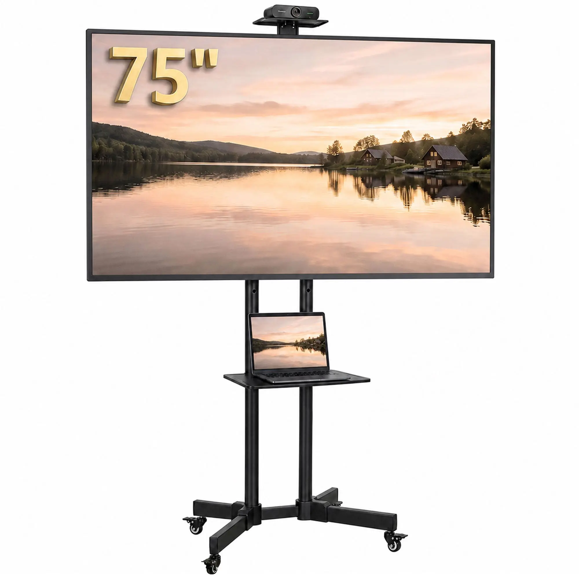 Mobile TV Cart for 32-75" TVs, Tilt & Height Adjustable, Camera Shelf, Black