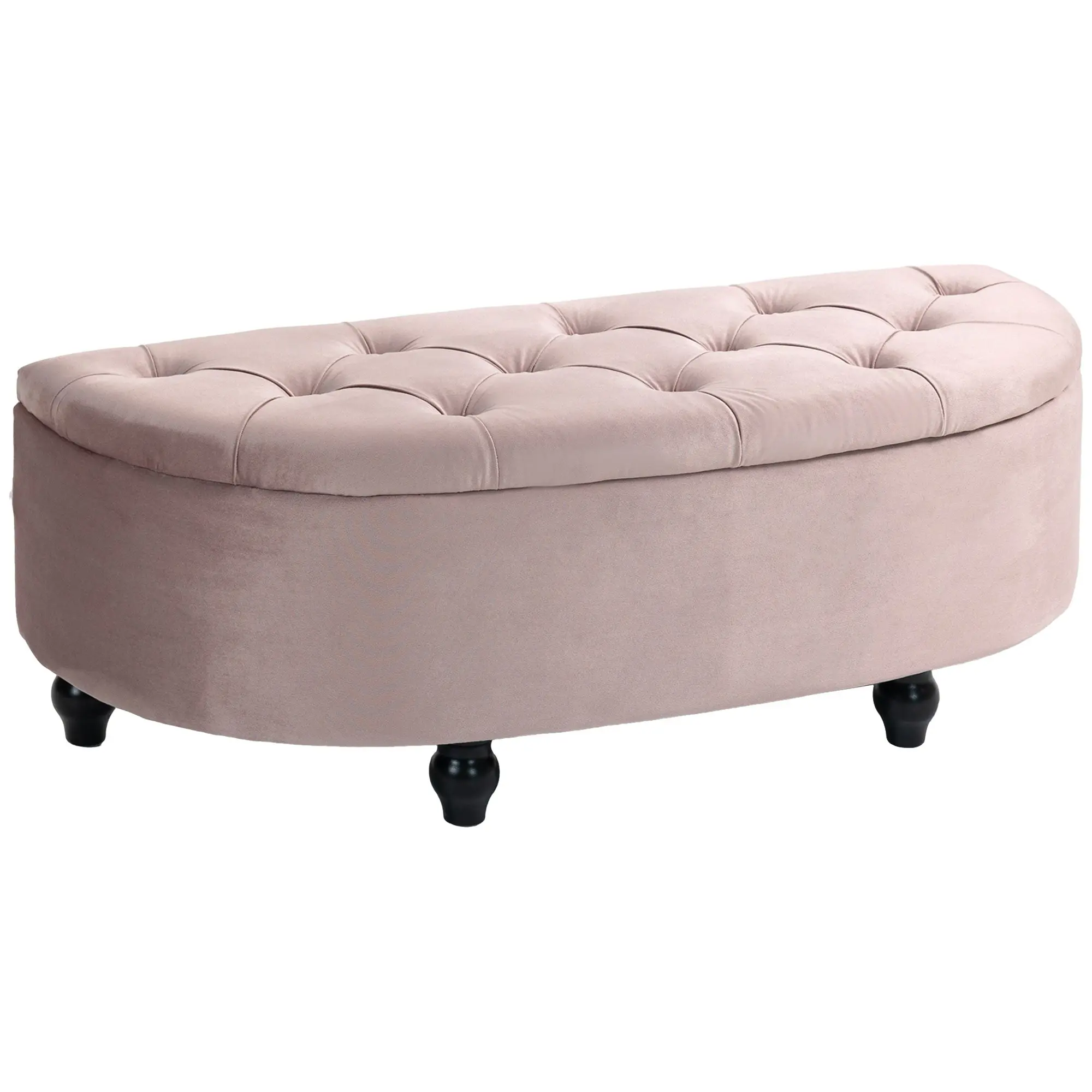 Semi-Circle Ottoman Storage Bench, Bed End Bench w/ Tufted Seat & Rubberwood Legs, Pink