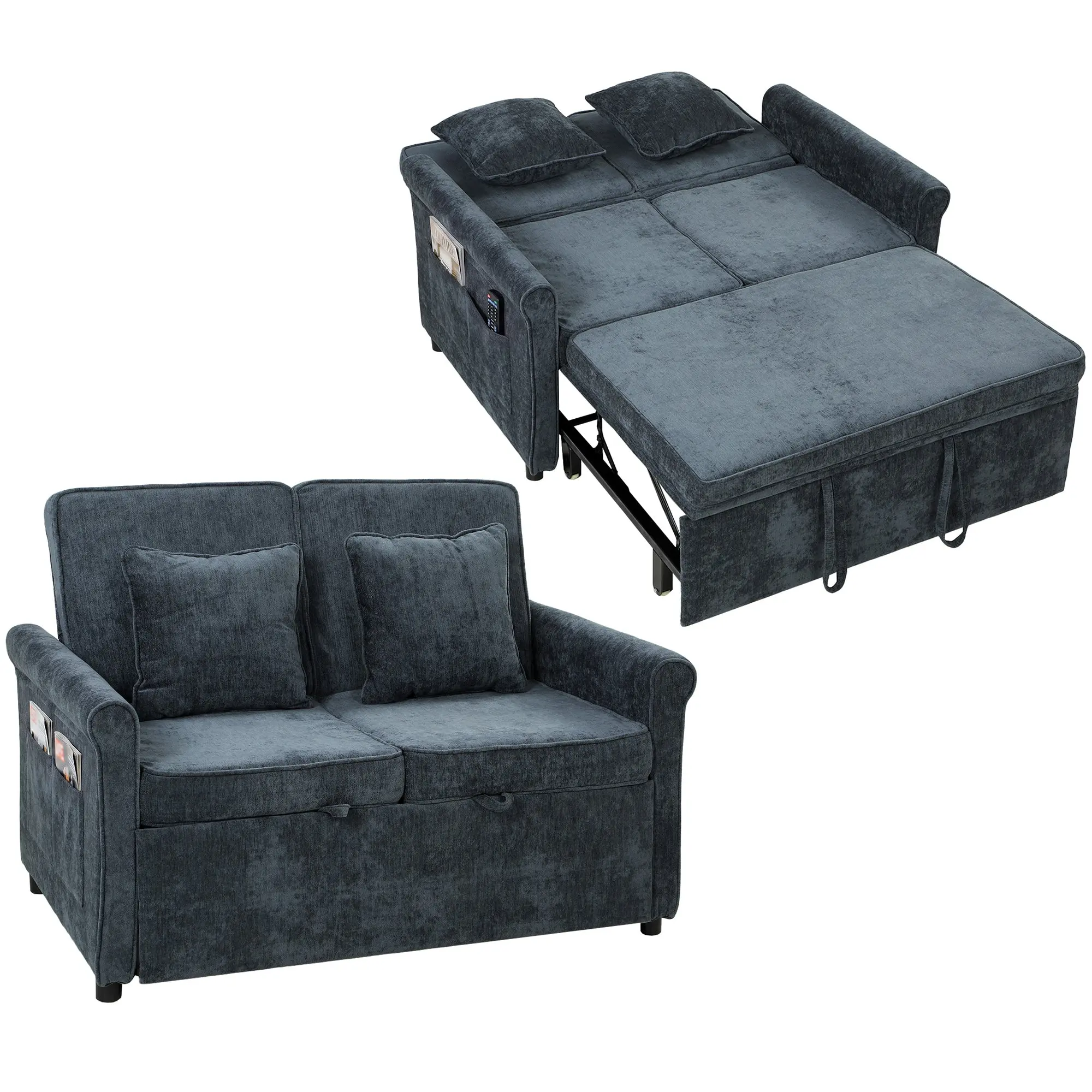 Convertible 2 Seater Sofa Bed with 5-Position Backrest, 190 x 130 cm Dark Blue