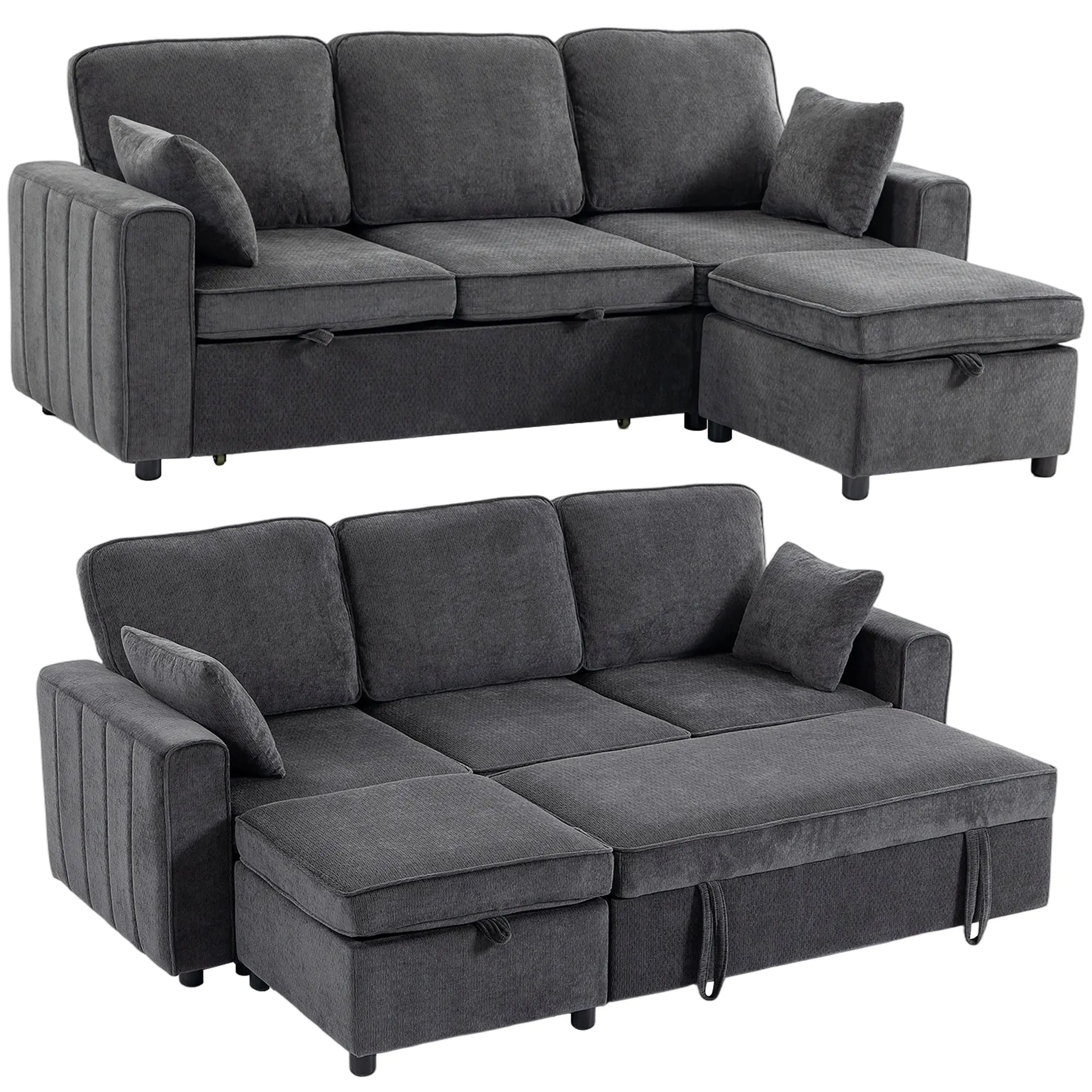 Sectional Sofa Bed with Reversible Ottoman, Pull-Out Sleeper, 3-Seater Dark Grey