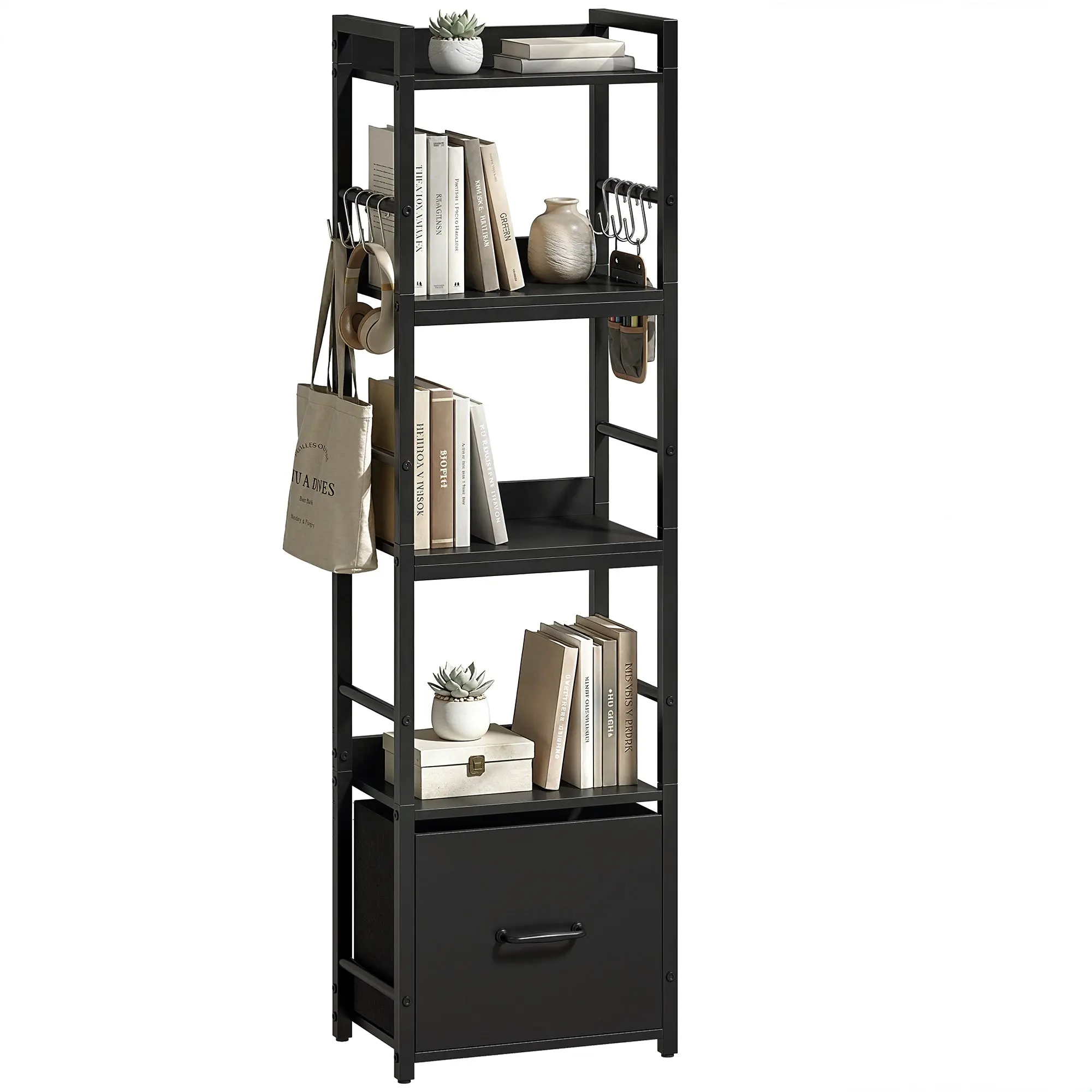 4-Tier Narrow Bookshelf with Drawer & 8 Hooks, Metal, 39 x 26 x 136.5 cm Black