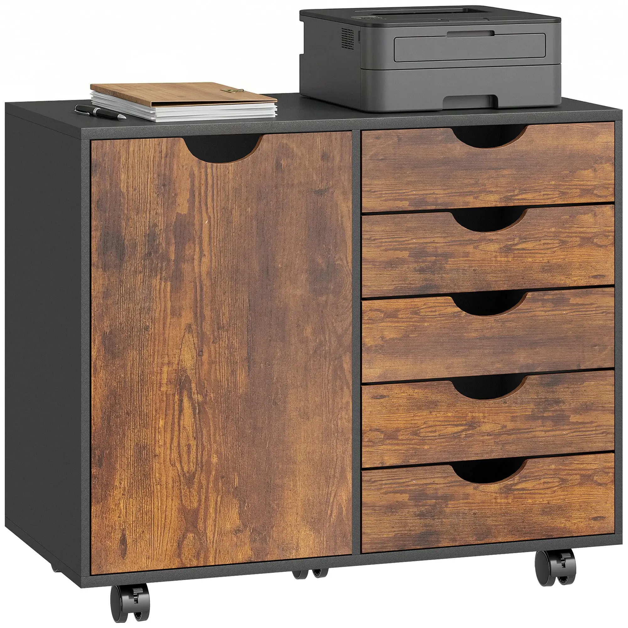 5-Drawer Office Cabinet with Door and Adjustable Shelf on Wheels, Rustic Brown