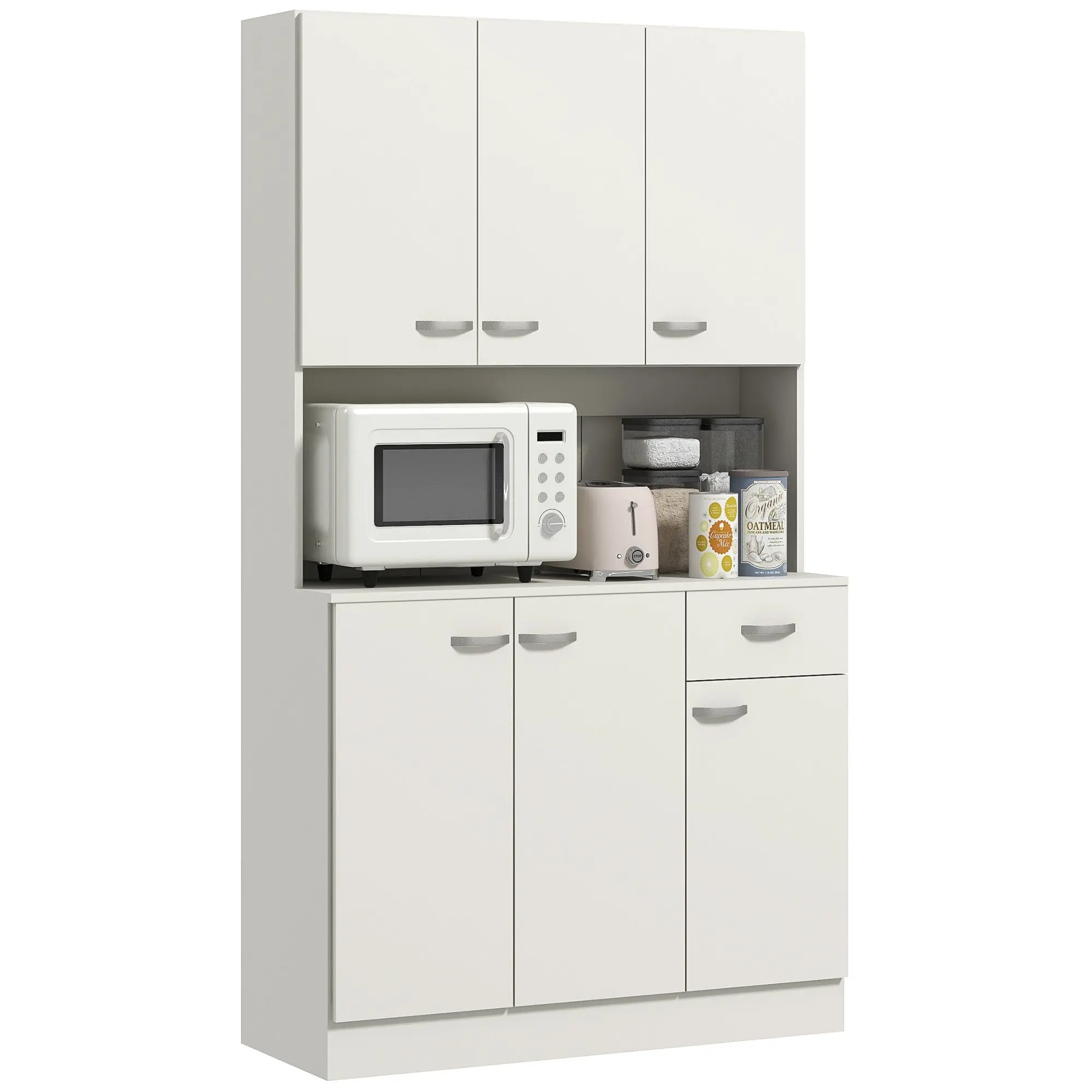Freestanding Kitchen Cupboard with Adjustable Shelves and Open Countertop, Cream White
