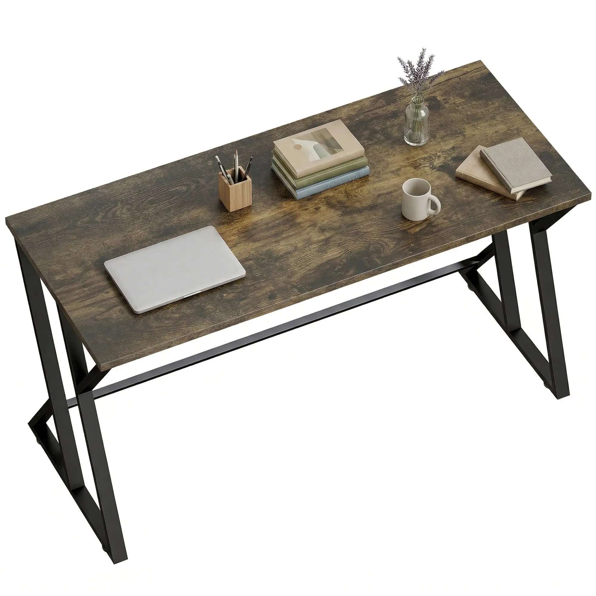 55" Computer Desk with Z-Shaped Metal Legs, Industrial Style, Rustic Brown