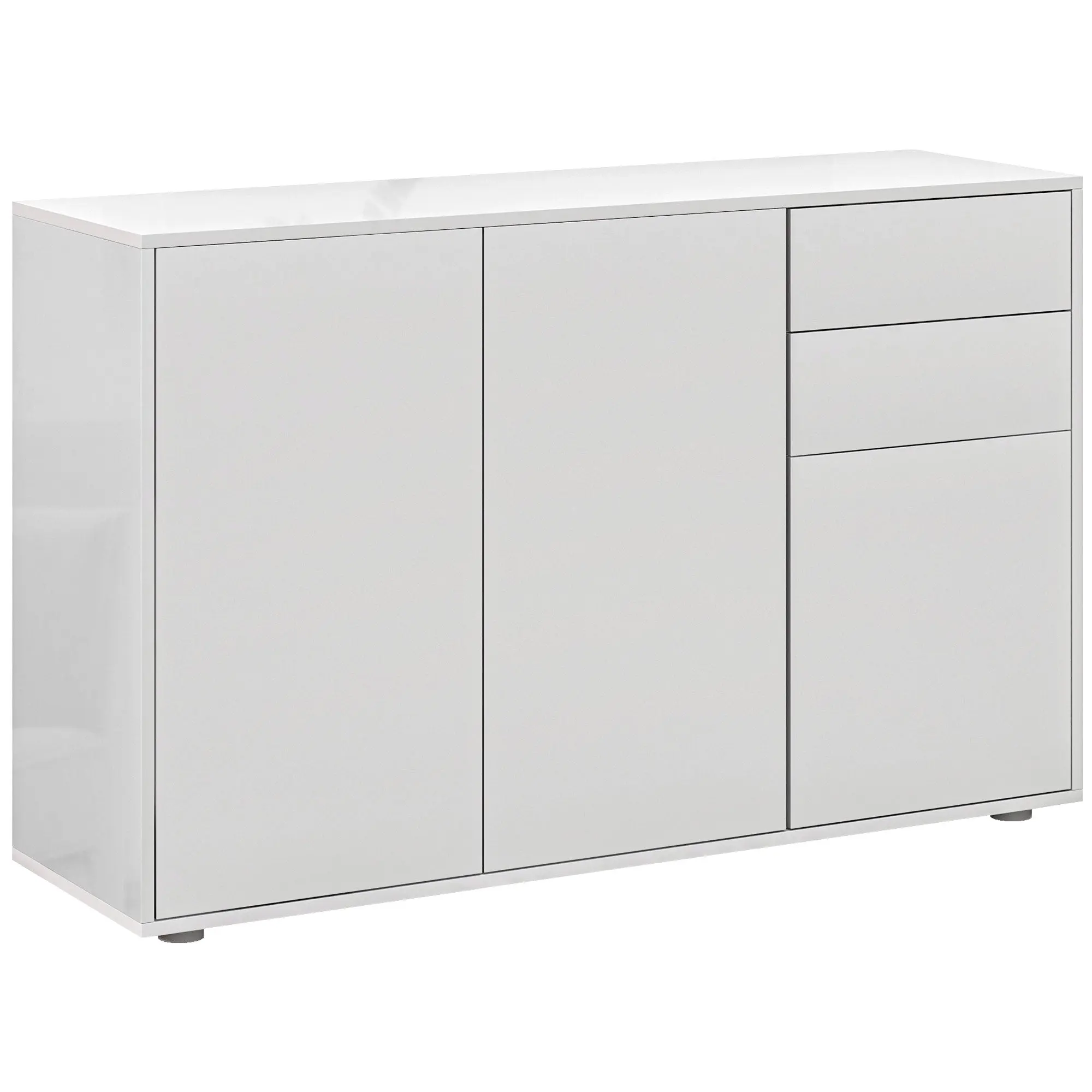 High Gloss Buffet Sideboard with 2 Drawers, 3 Doors and Adjustable Shelf, Kitchen Storage Cabinet with Push Open Design, White