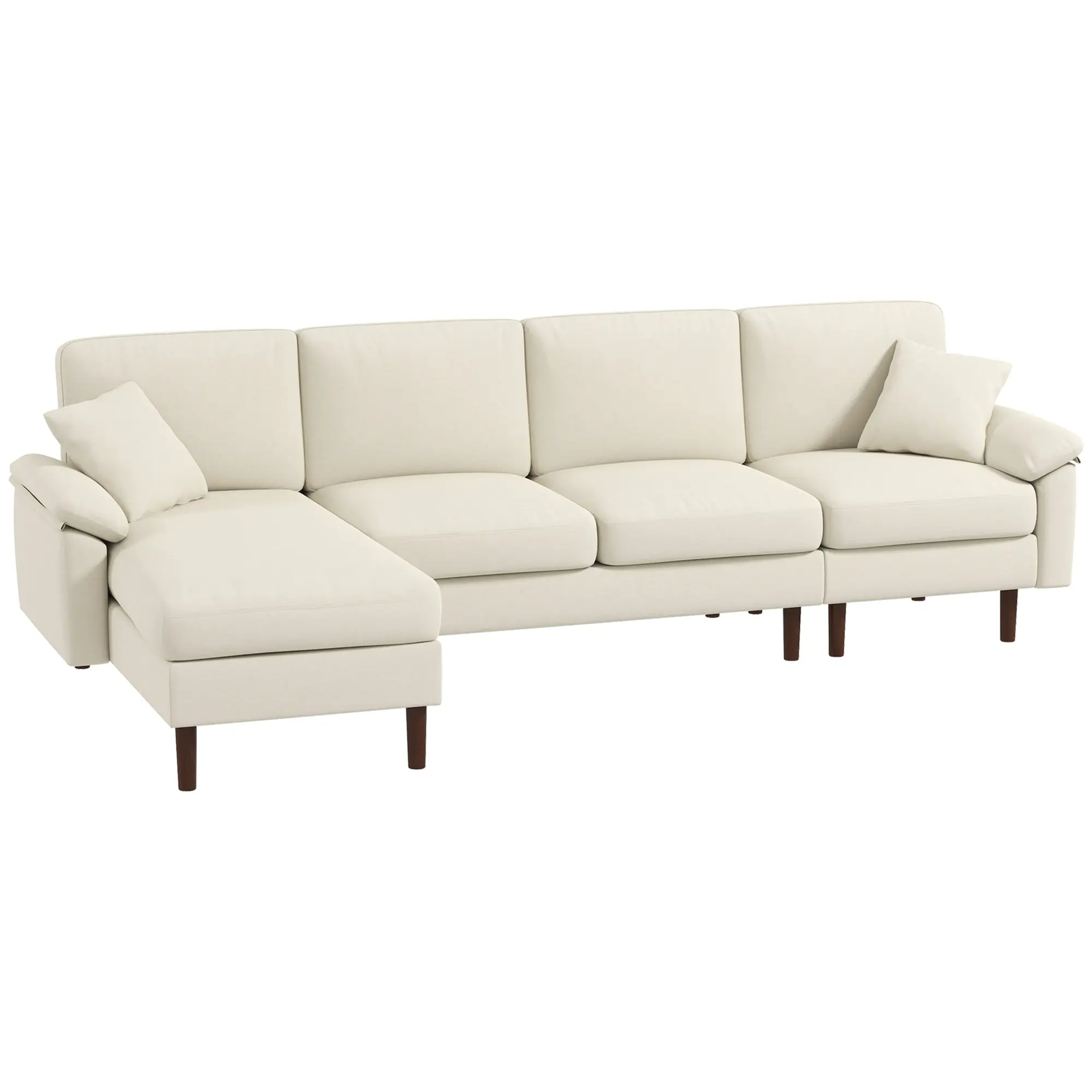 4-Seater L-Shape Sectional Sofa with Chaise Lounge & Pillows, Cream White