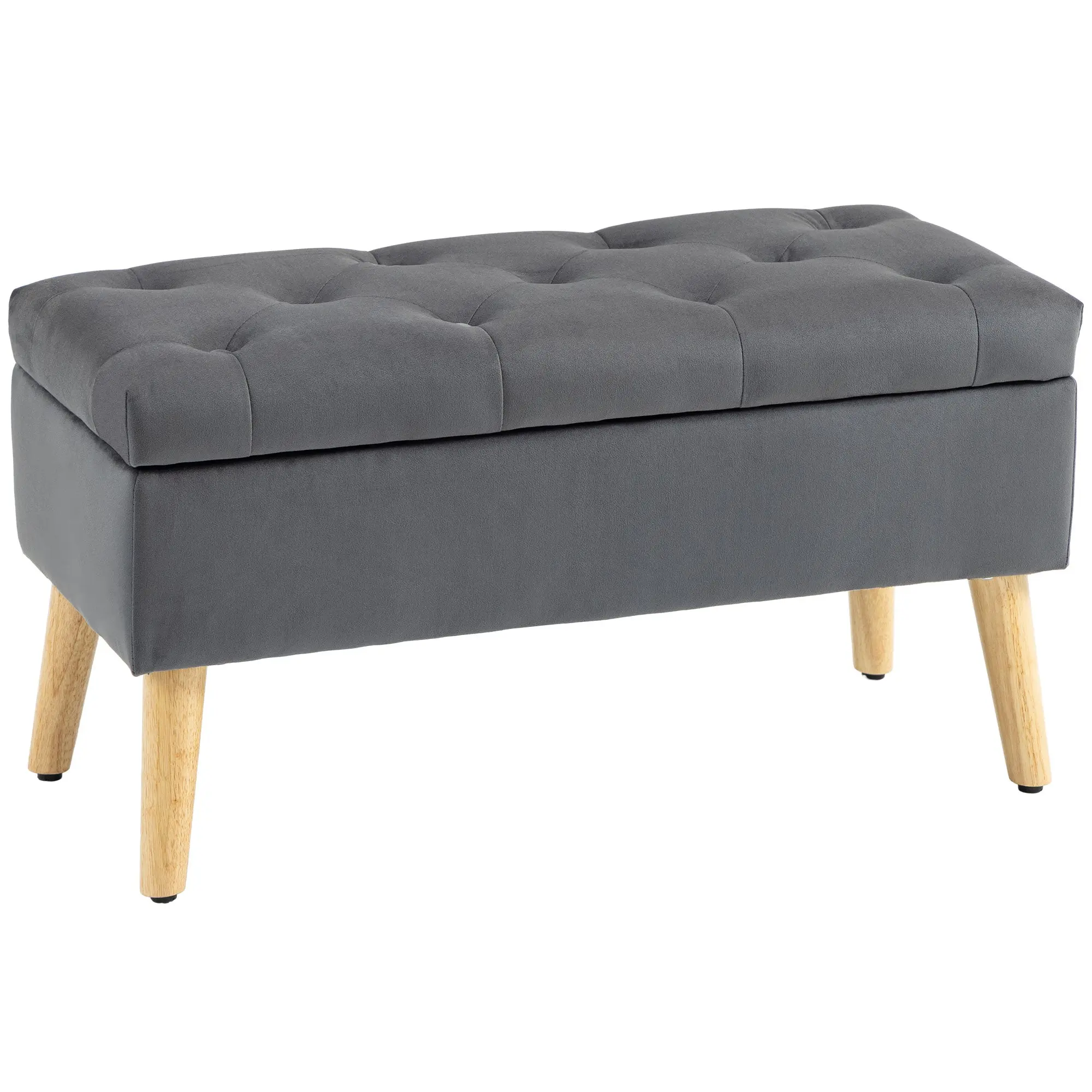 Velvet Upholstered Storage Ottoman Bench with Lid & Wood Legs for Entryway, Charcoal Grey