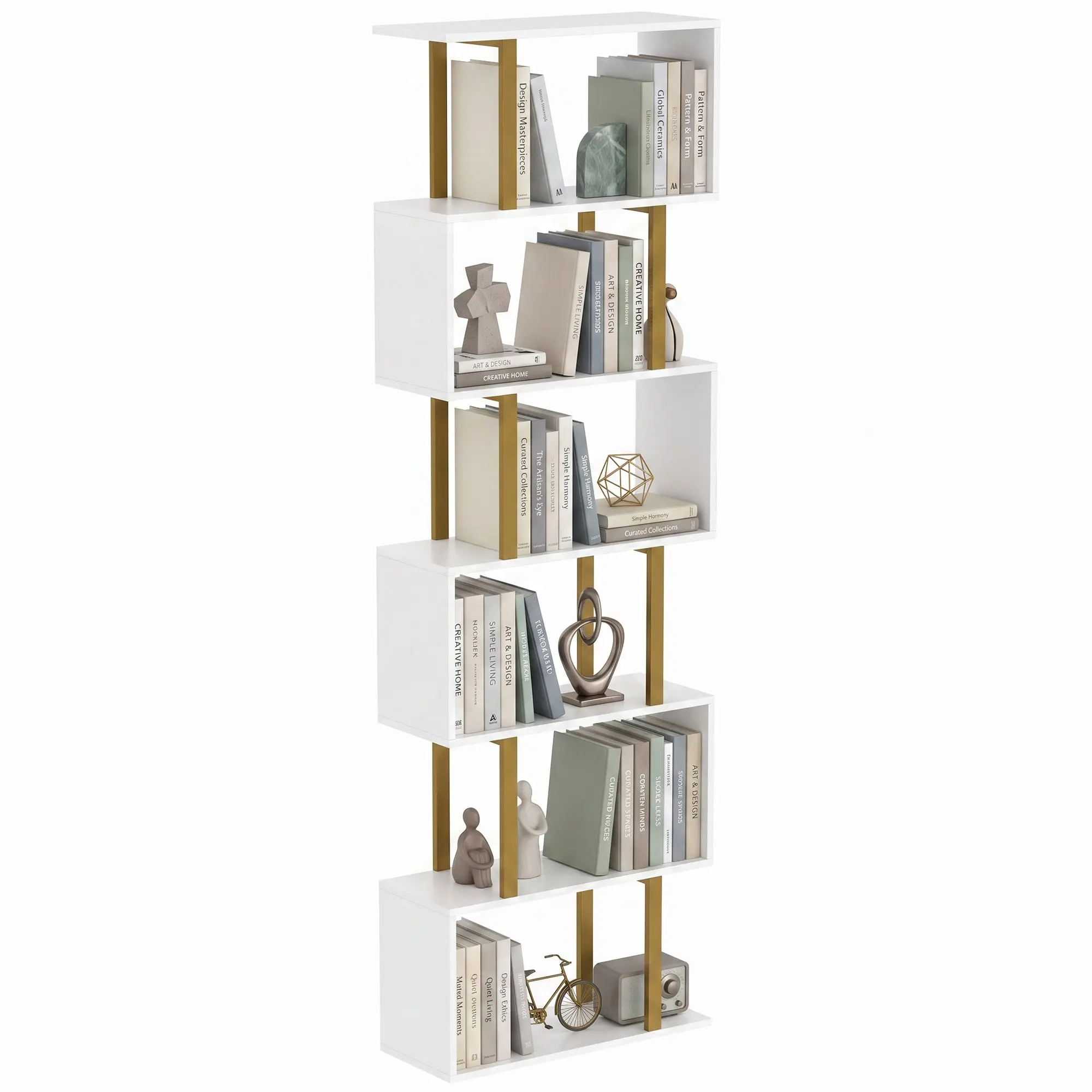 S-Shaped 6-Tier Bookcase with Anti-Tip Strap for Study & Living Room, White