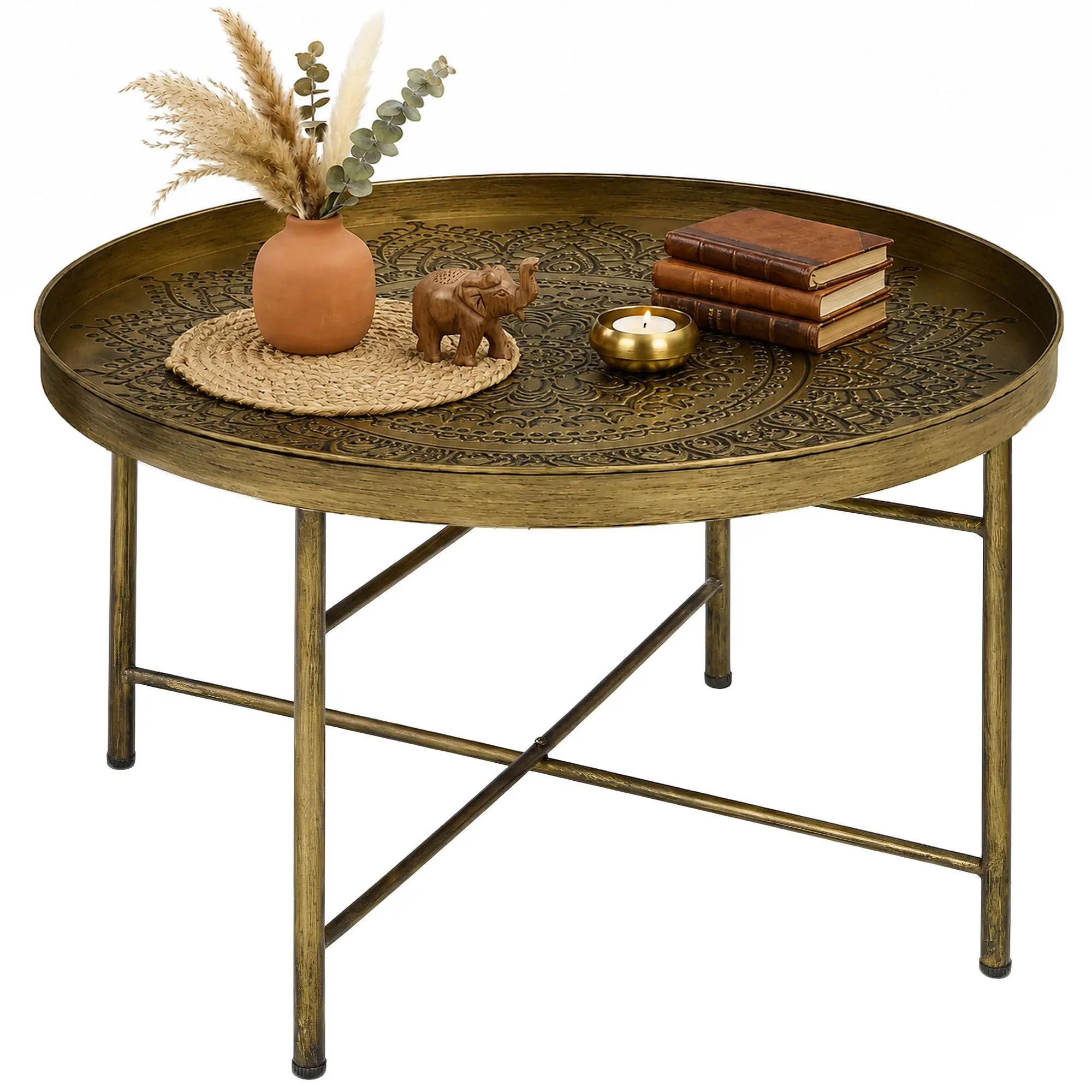 24" Round Coffee Table with Hammered Tray Top and Metal Frame in Gold