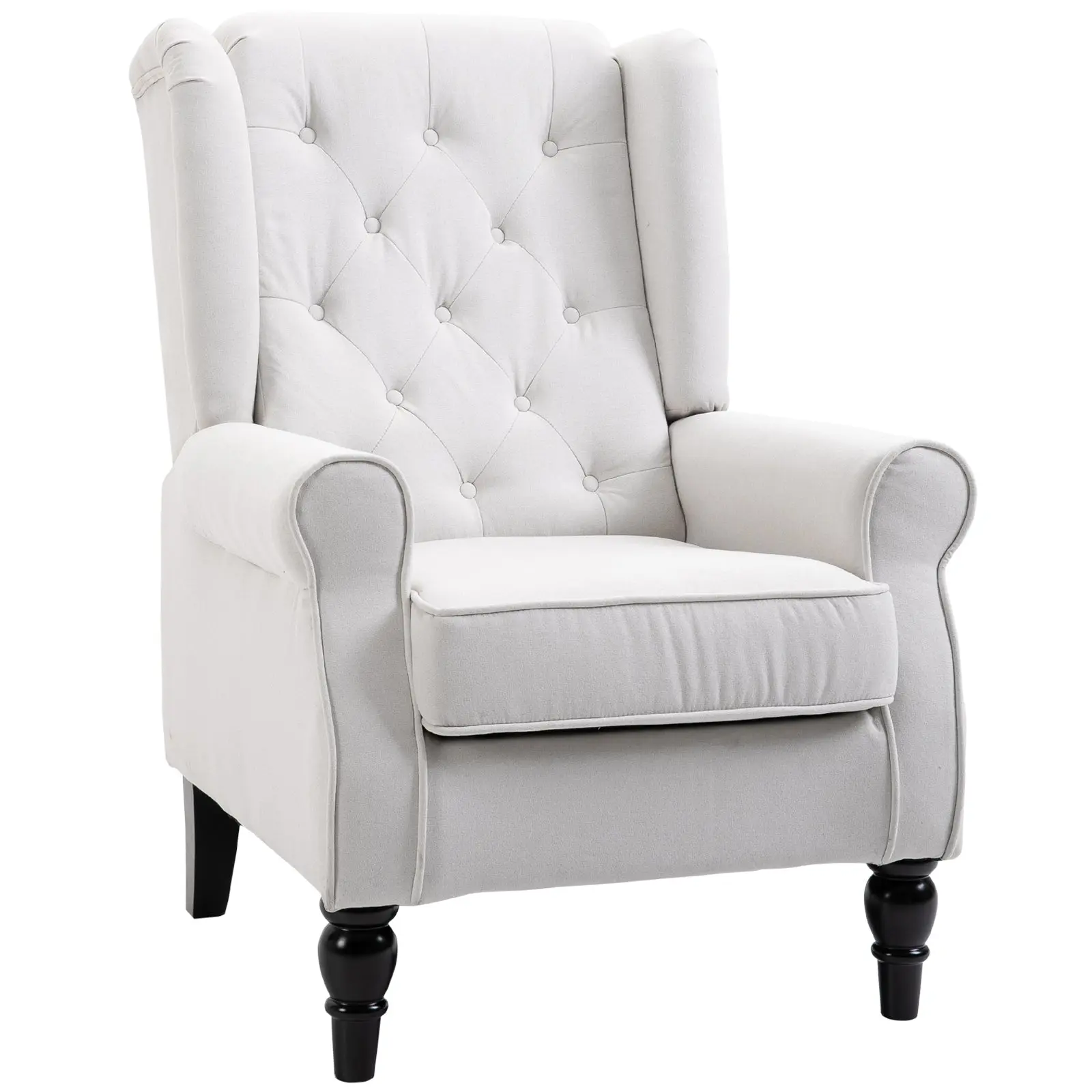 Wingback Occasional Chair, Mid-Century Armchair w/ Button-Tufted Fabric & Retro Wood Legs, Cream White