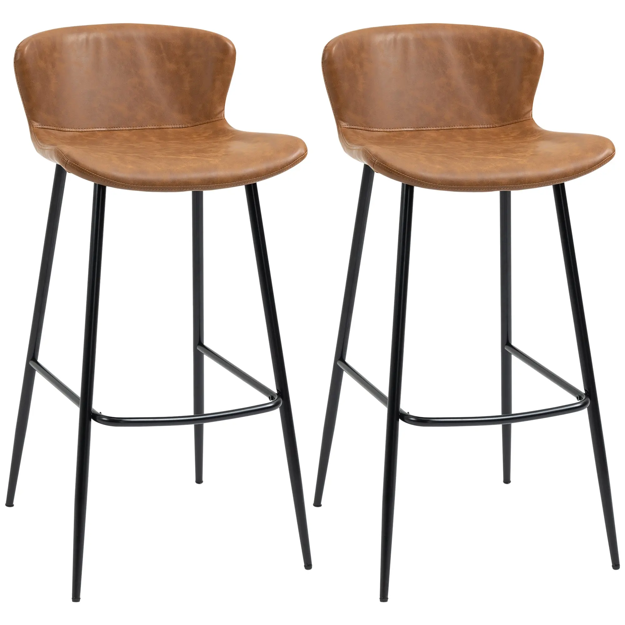 Bar Stools Set of 2, PU Leather  Bar Chairs with Backs and Steel Legs, Brown