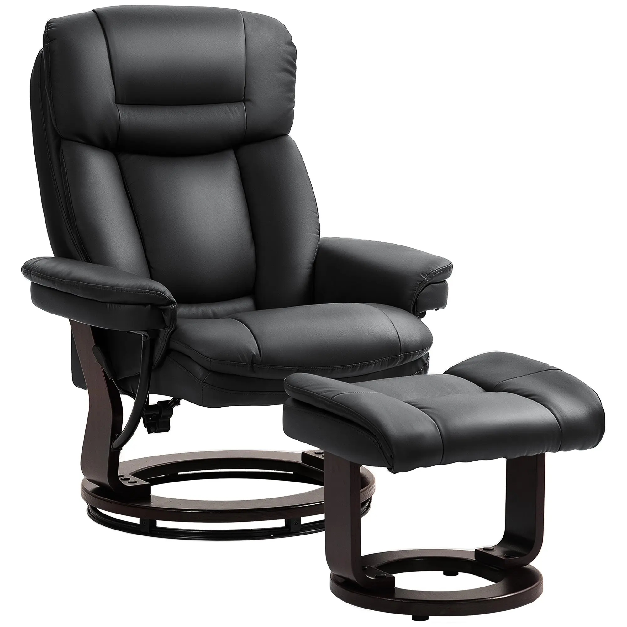 Swivel Recliner with Ottoman, PU Leather, Wood Base, Adjustable Backrest, Black