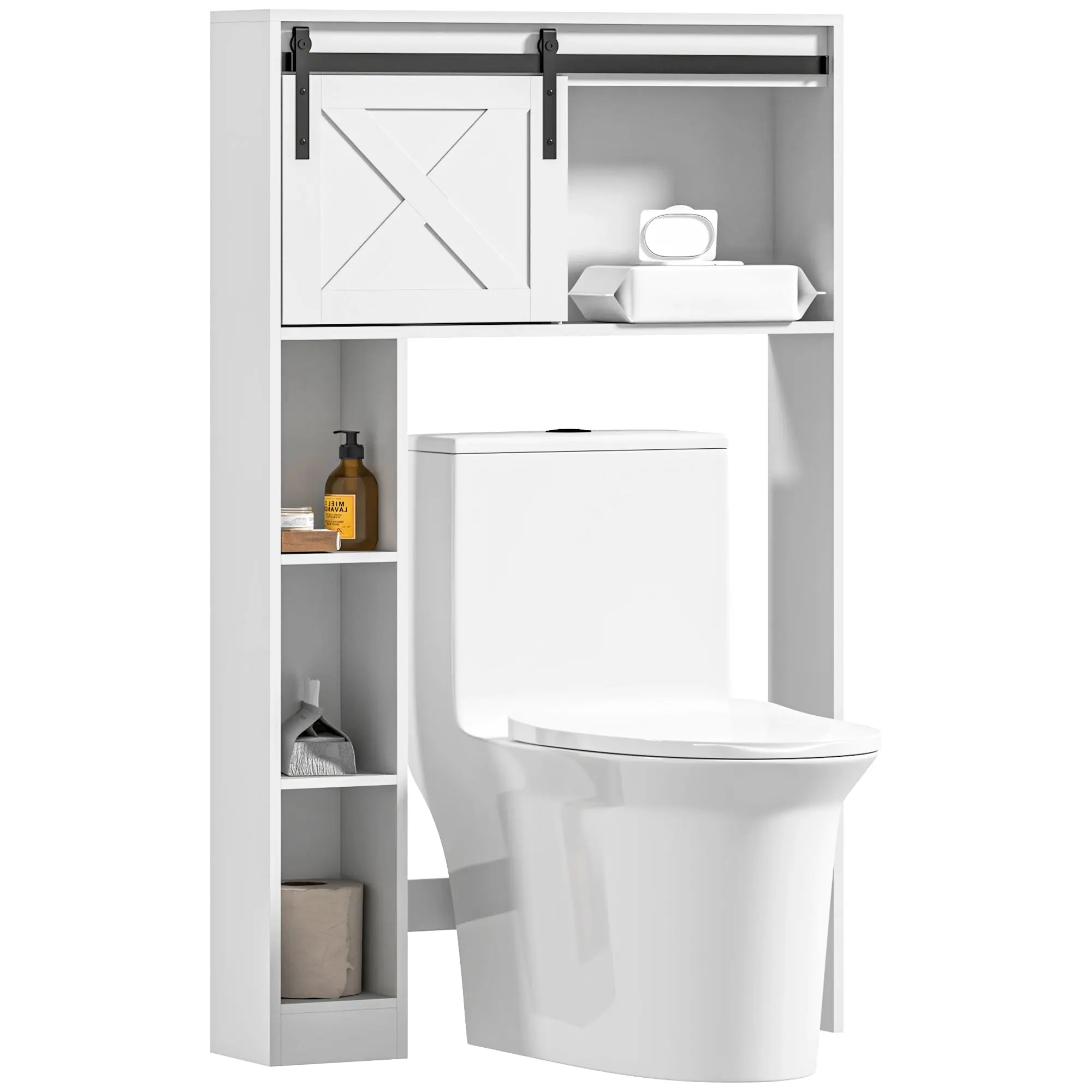 Over-Toilet Storage Cabinet with Sliding Barn Door, Adjustable Shelf, White