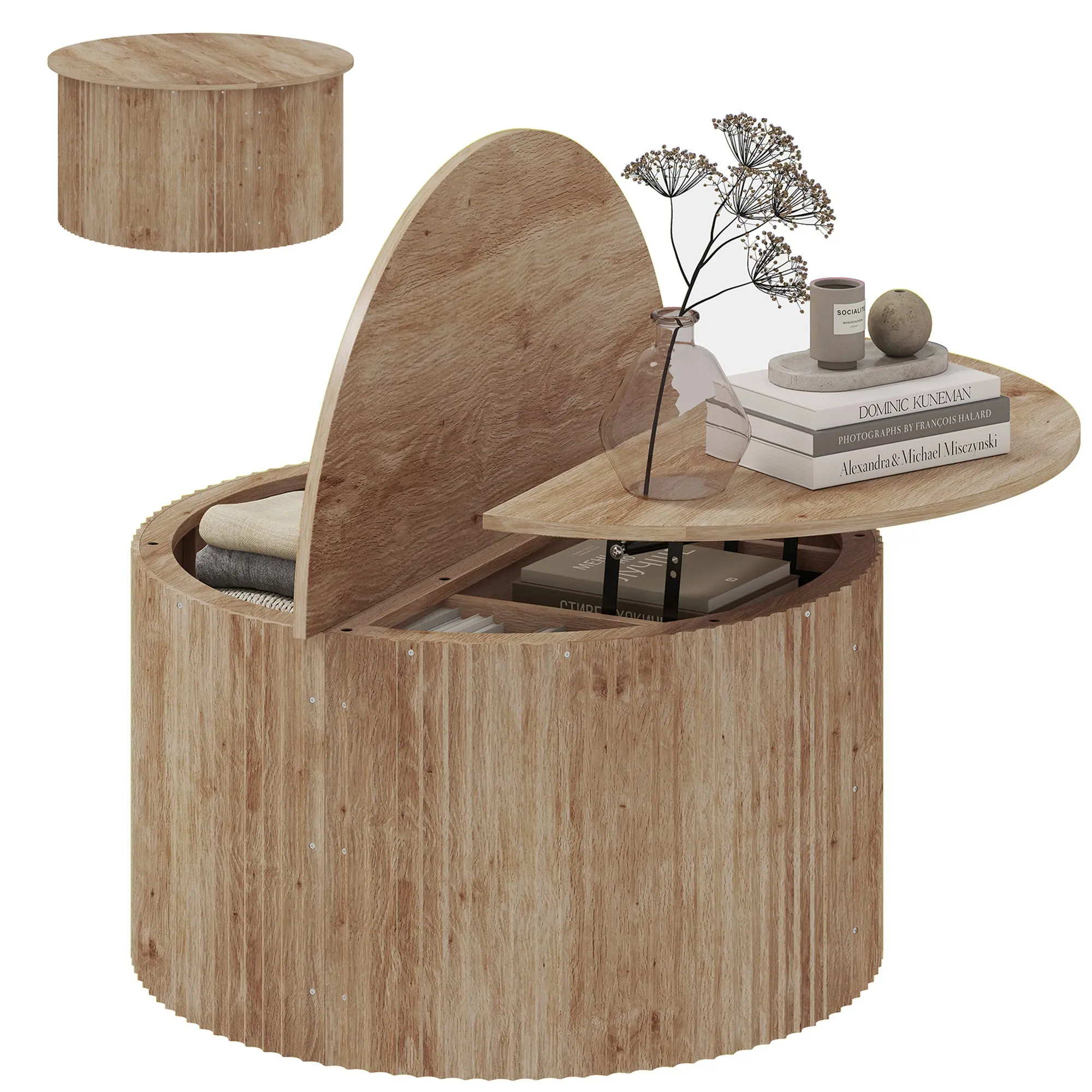 32" Fluted Lift Top Coffee Table with Storage, Soft-Close Lid, Natural Wood