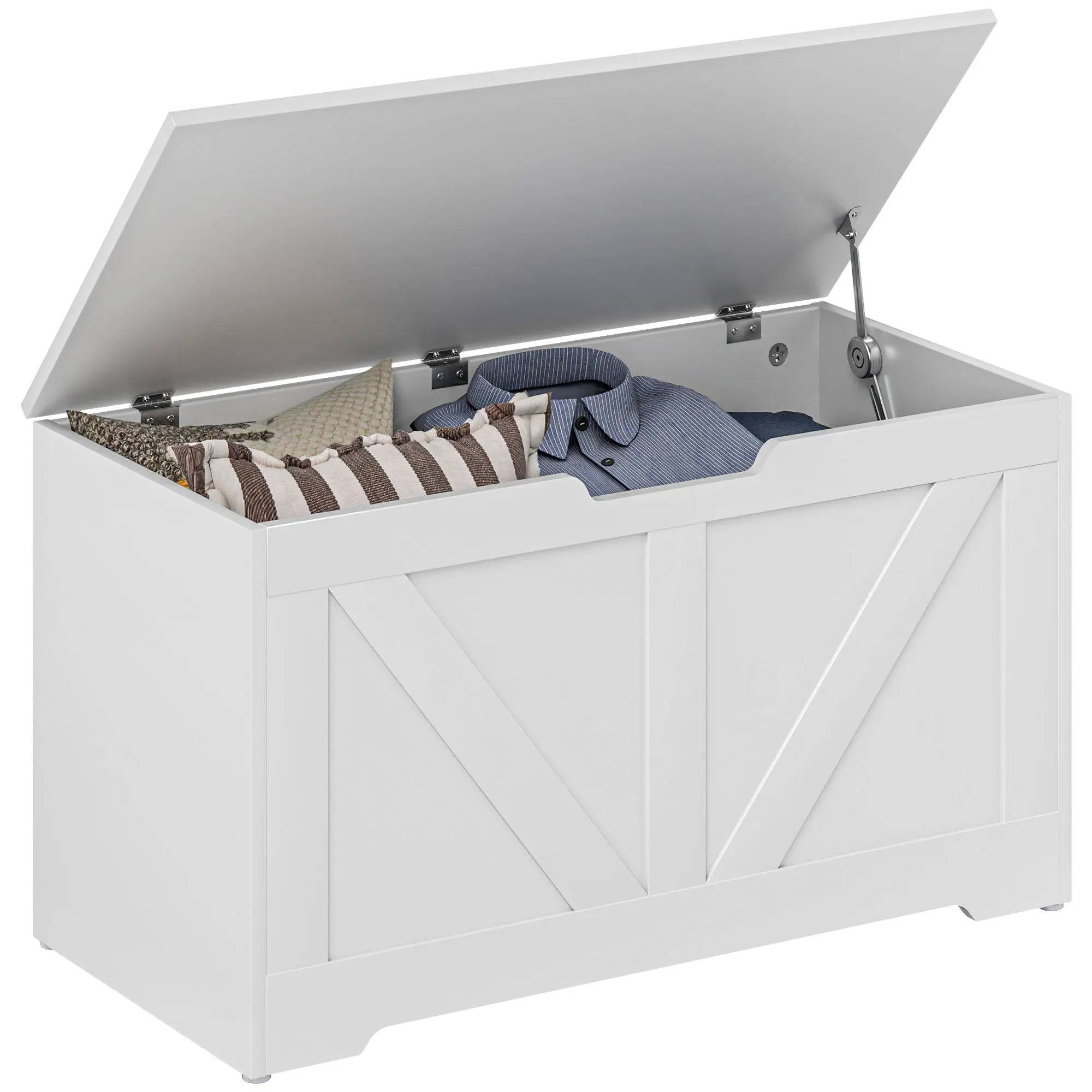 31.5" Wooden Storage Trunk with Safety Hinge for Living Room, Entryway, White Wood Grain