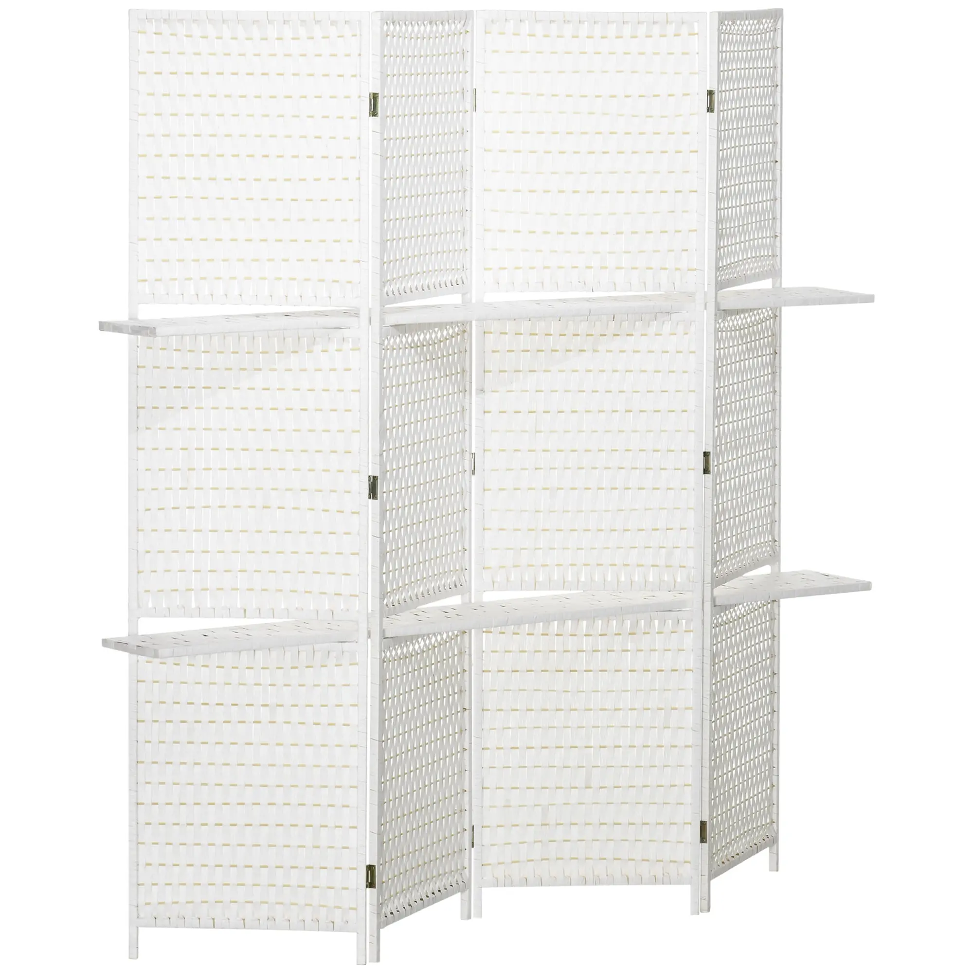 4 Panel Room Divider with Shelves, 6 FT Wave Fibre Freestanding Folding Privacy Screen, Partition Wall Divider, White