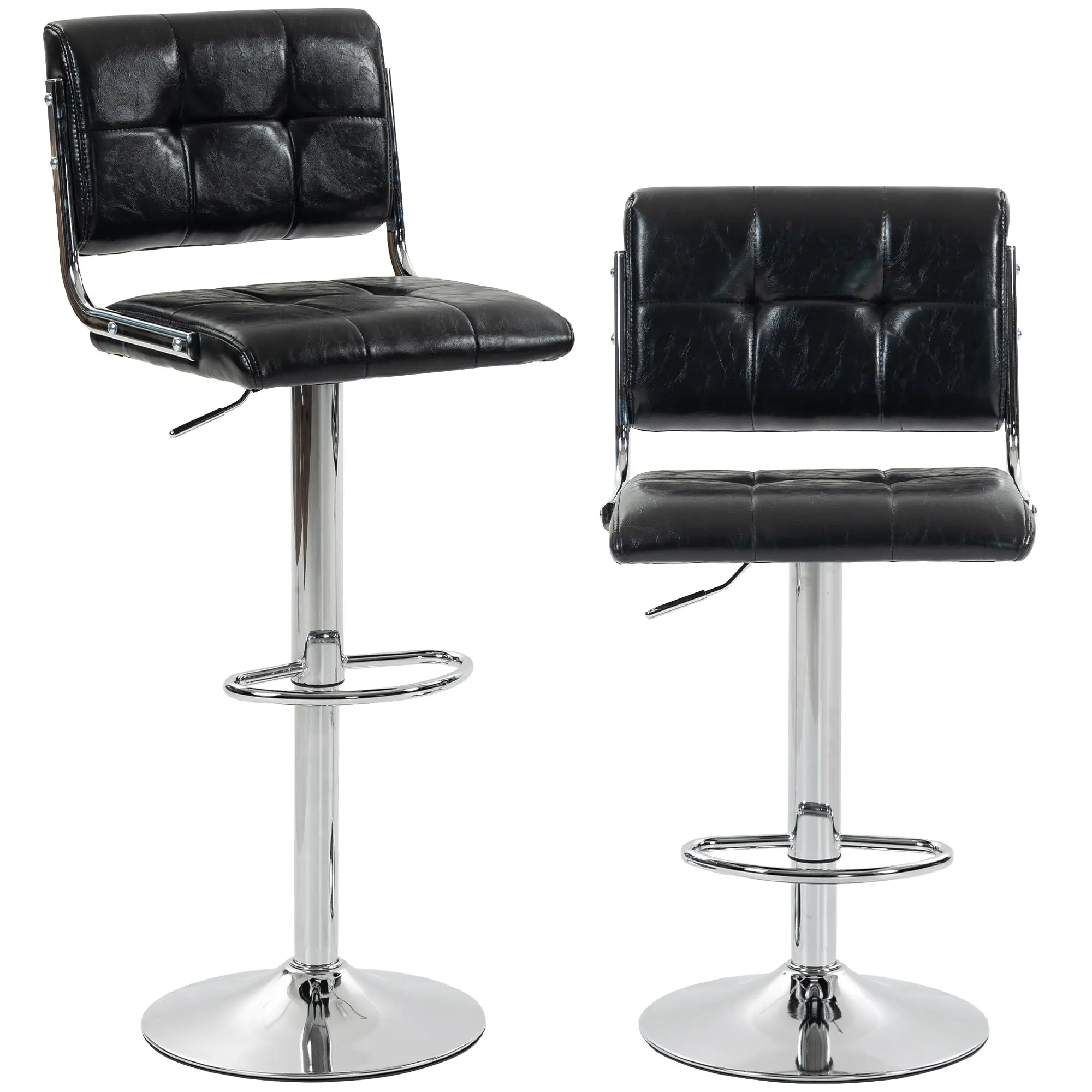 Counter Height PU Swivel Bar Stools 2pc, Adjustable with Back & Footrest, Black